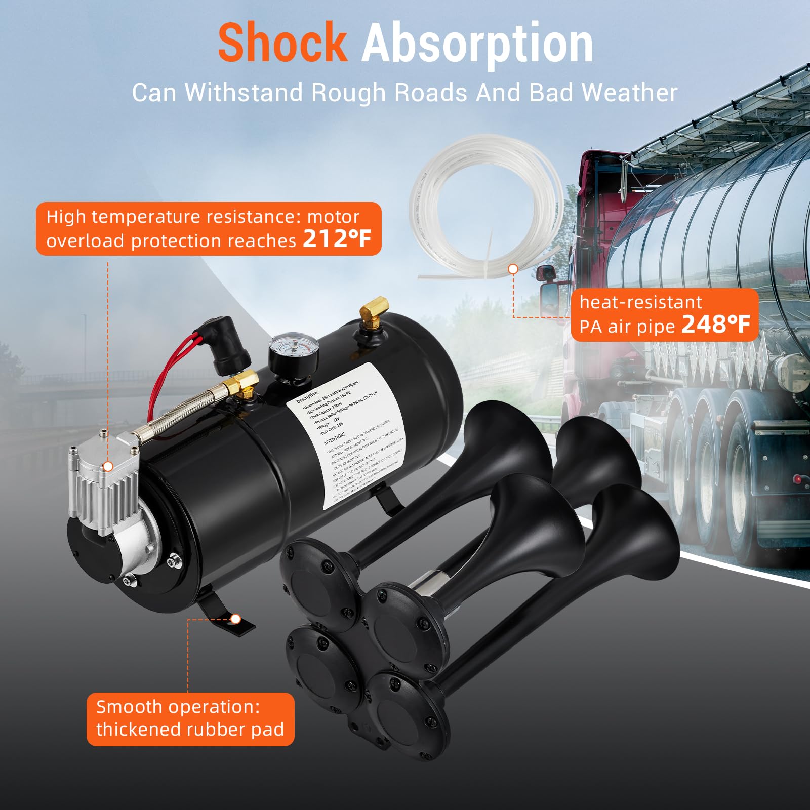 Garvee 150DB Train Horns Kit, 4 Trumpets Truck Air Horn Kit with 0.8 Gallon Tank & 120 PSI Air Compressor, 12V Train Horns for Pickup Trucks, Car, Motorcycle, Semi, Jeep, RV, SUV, Van, Boats