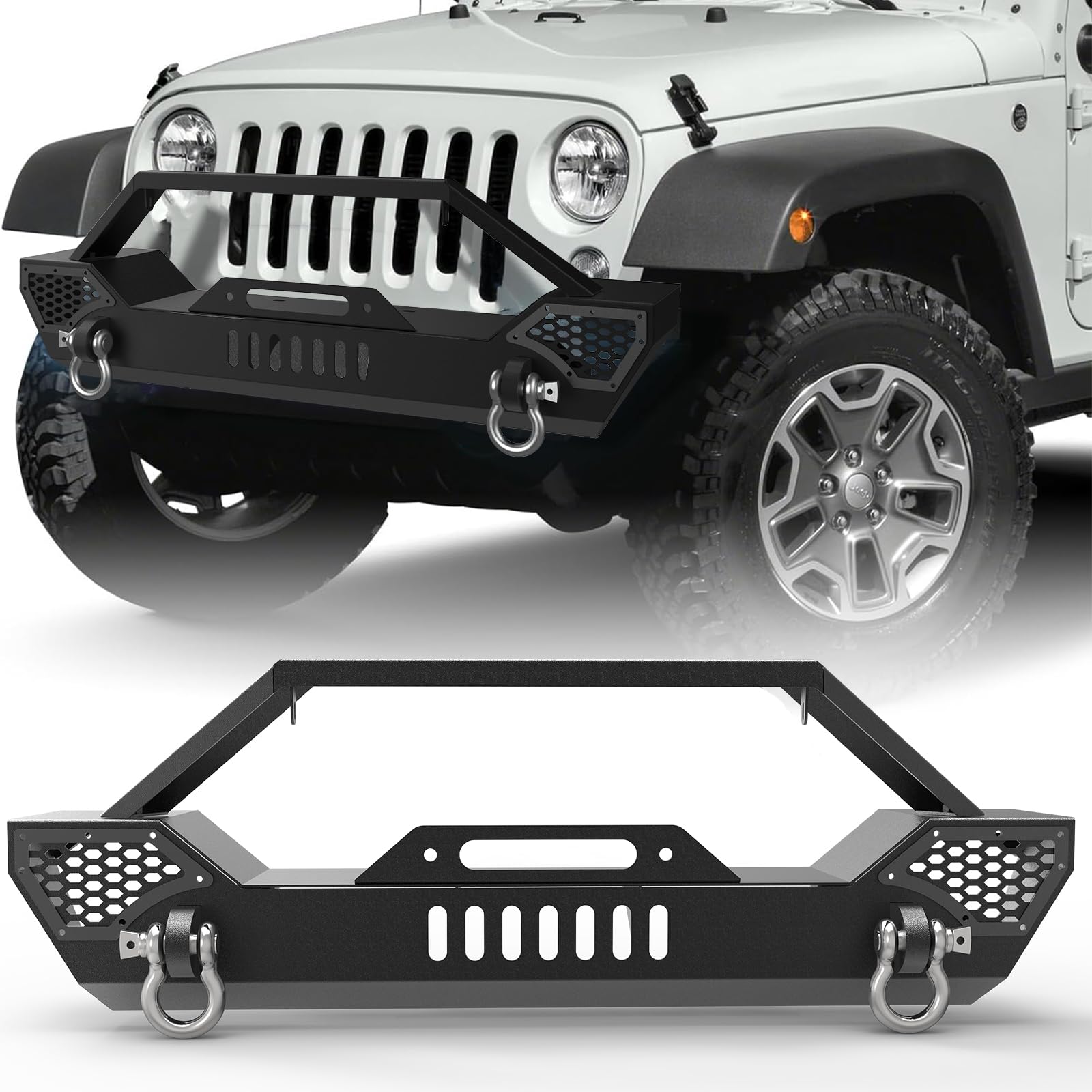 Garvee Front Bumper Compatible with 2018-2024 Jeep Wrangler JL/ 2020-2024 Jeep Gladiator, Off Road Rock Crawler Textured Black Bumper with Winch Plate & 2 × D-Rings & Fog Holes
