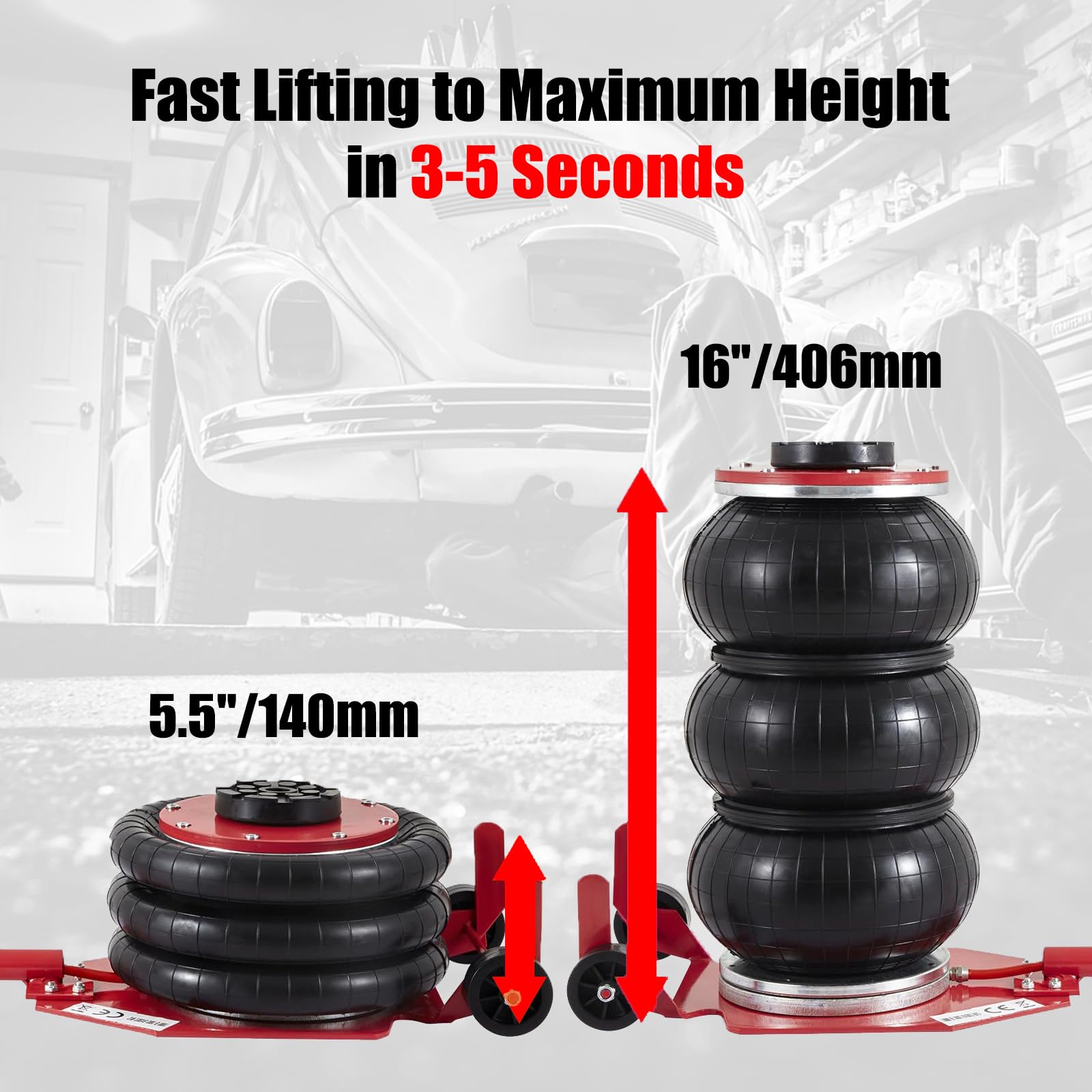 Garvee Portable Pneumatic Jack 3T/6600lbs Triple Bag Air Jack Fast Lifting Pneumatic Car Repair with Long Hand, Lifting Height Up to 15.75 Inch（Red）