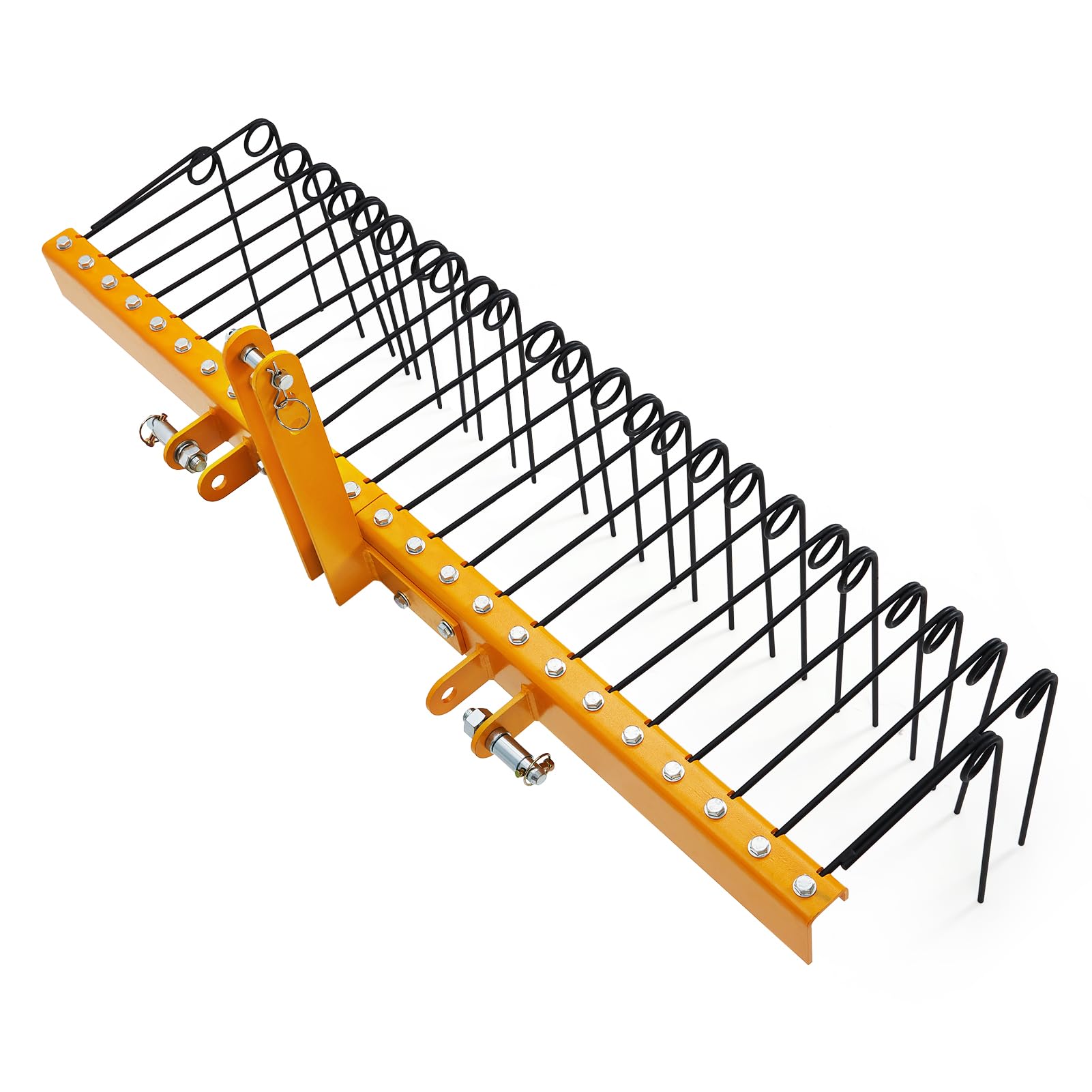 Garvee 72 Inch Pine Straw Rake - 30pcs 8mm Coil Spring Tines Durable Powder Coated Steel Tow Behind Landscape Rake with 3 Point Hitch Receiver Attachment Fit to Cat0 Cat 1 Tractors for Leaves Grass, Yellow