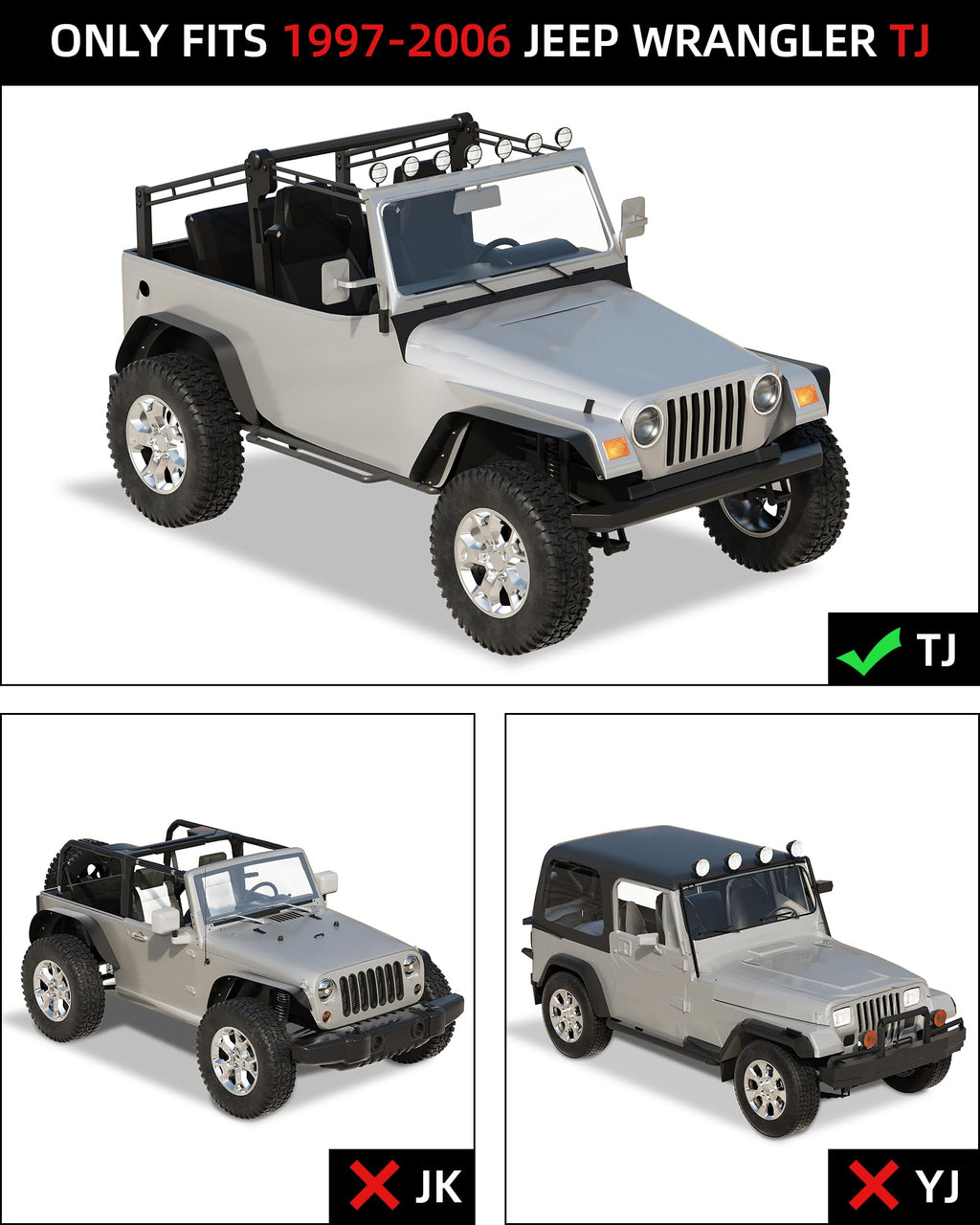 Garvee 4 PCS Flat Front & Rear Fender Flares Fits For 1997-2006 Jeep Wrangler TJ & LJ, Off-Road Metal Steel Wheel Liner, Textured black