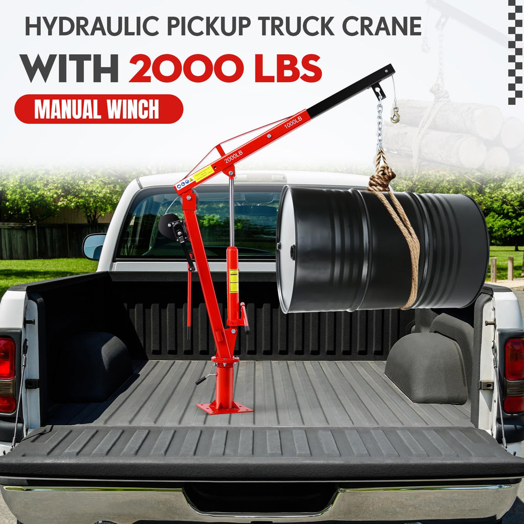 Garvee Pickup Truck Crane with Hand Winch, 2000 LBS Capacity, 360° Swivel, Folding Electric Winch, Red, Construction & Forestry Use