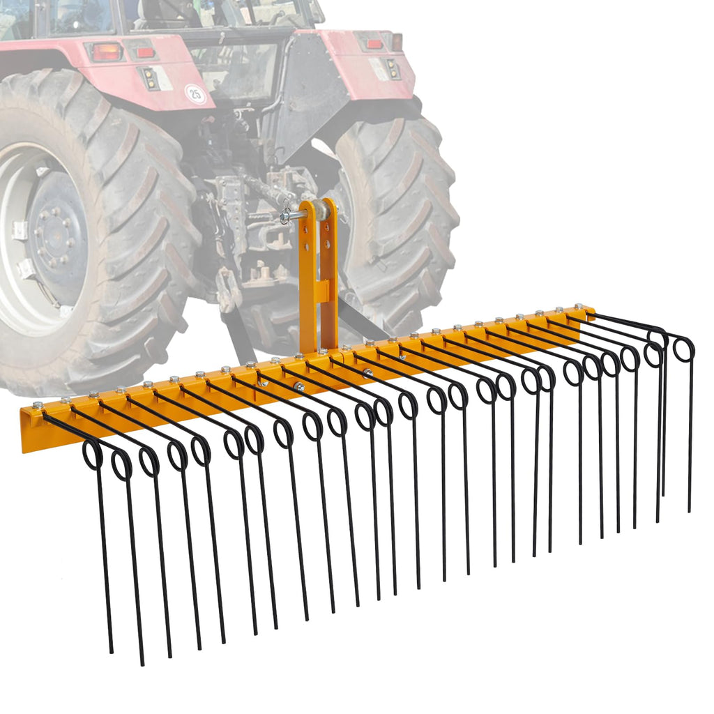 Garvee 72 Inch Pine Straw Rake - 30pcs 8mm Coil Spring Tines Durable Powder Coated Steel Tow Behind Landscape Rake with 3 Point Hitch Receiver Attachment Fit to Cat0 Cat 1 Tractors for Leaves Grass, Yellow