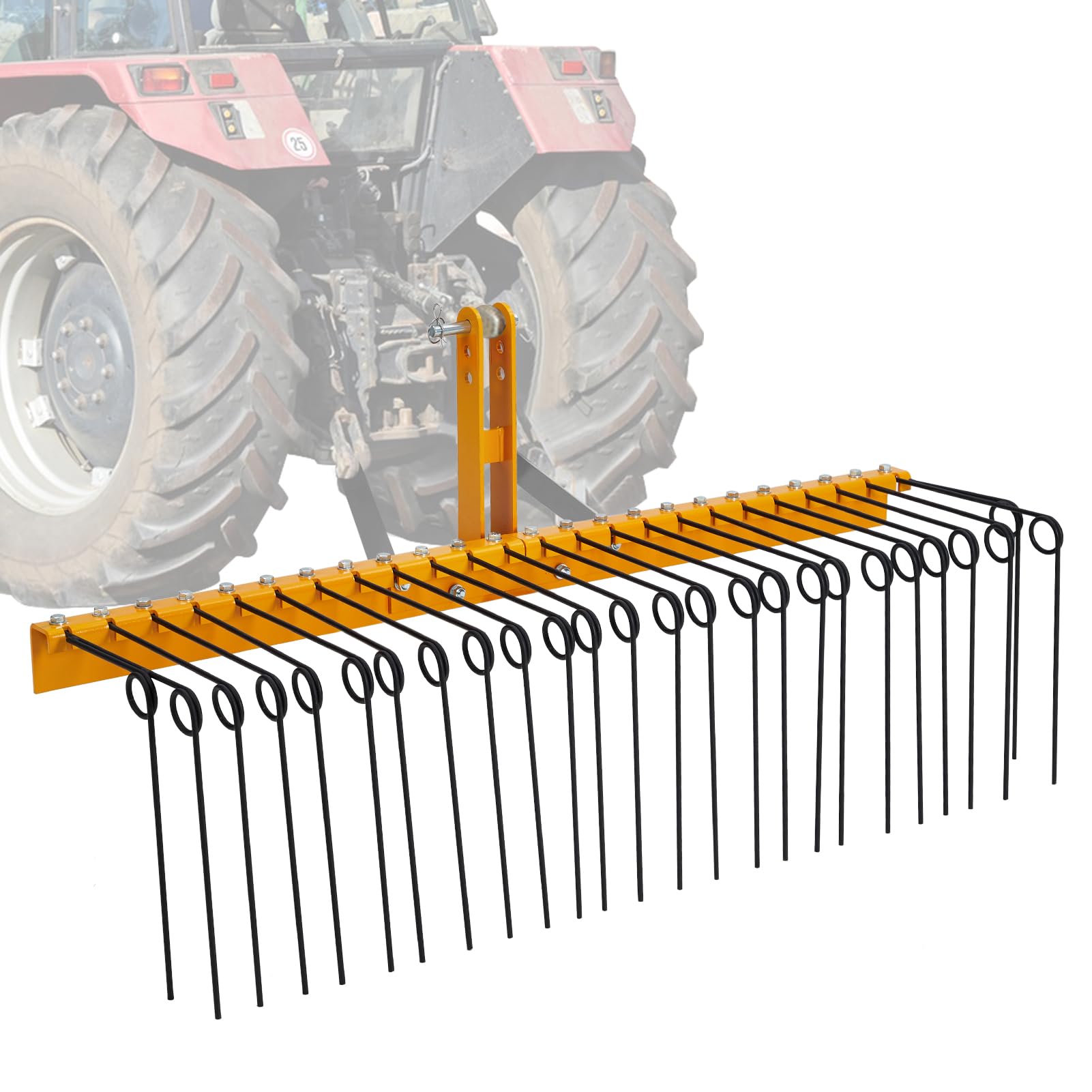 Garvee 72 Inch Pine Straw Rake - 30pcs 8mm Coil Spring Tines Durable Powder Coated Steel Tow Behind Landscape Rake with 3 Point Hitch Receiver Attachment Fit to Cat0 Cat 1 Tractors for Leaves Grass, Yellow