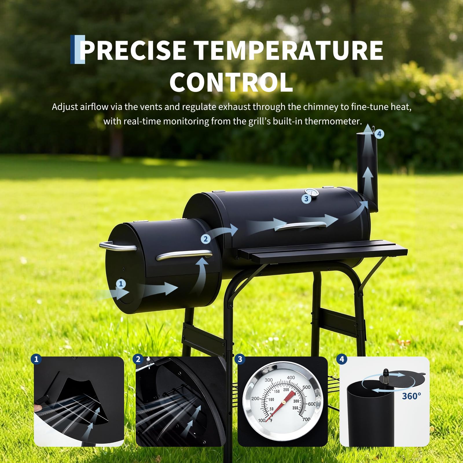 Garvee 43" Charcoal Grill with Offset Smoker - 358 SQ In Dual-Chamber BBQ Smoker Grill with Built-In Thermometer & Wheels, Matte Black