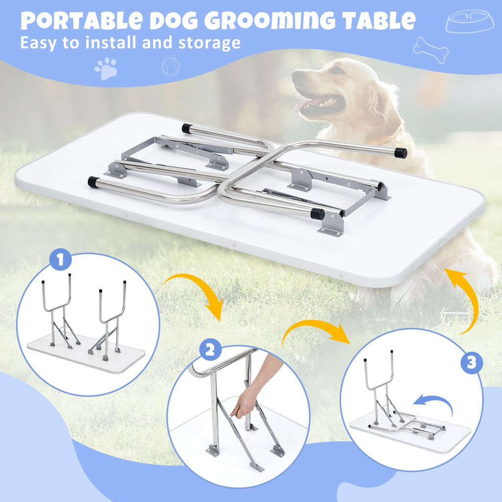 Garvee 48" Dog Grooming Table Adjustable Height Pet Drying Desktop Foldable Pet Grooming Table with Arms, Nooses, Mesh Tray, Foldable Pet Station Max Capacity Up to 330Lbs (Black)