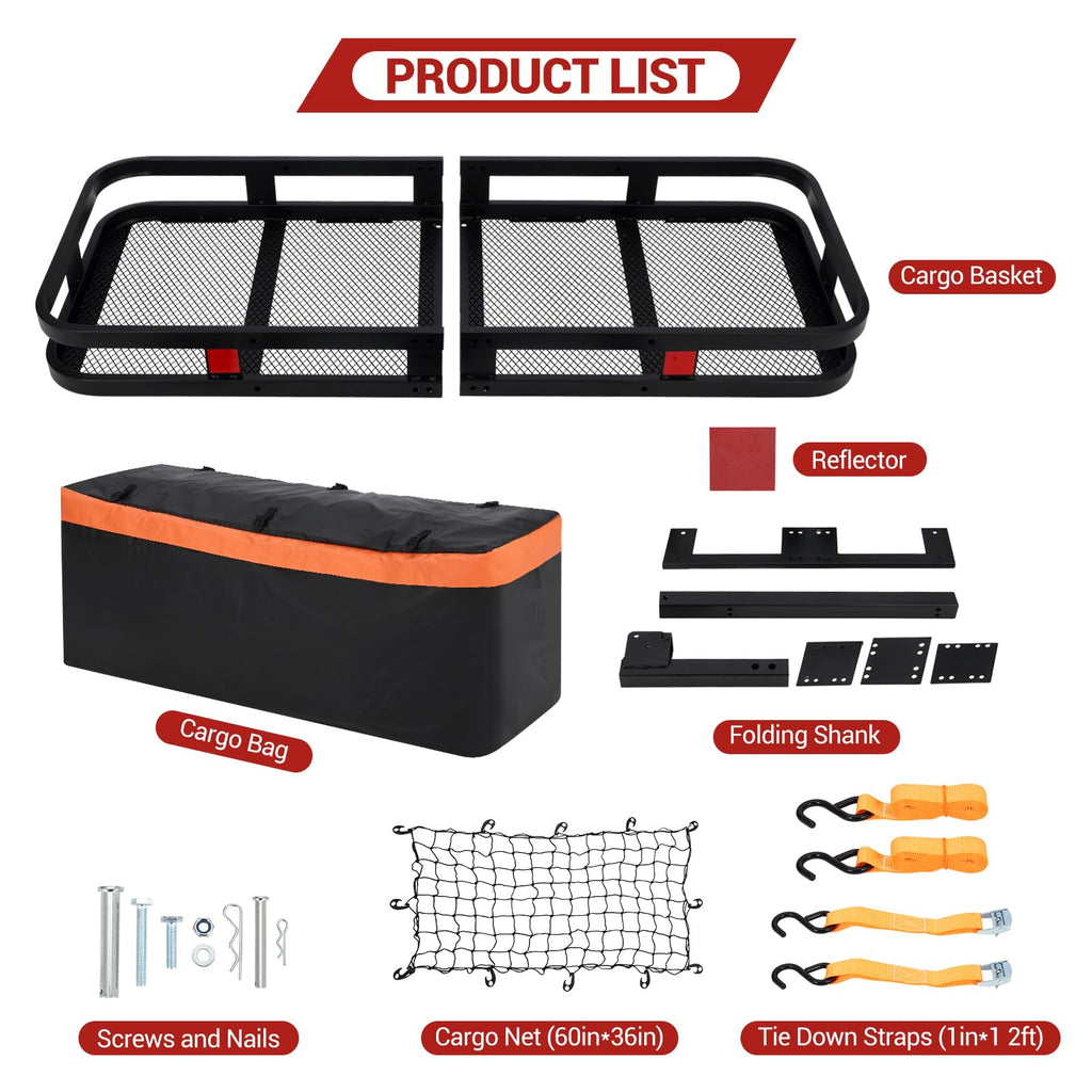 Garvee Hitch Mount Cargo Carrier Basket 60"x24"x6" Black Steel 500 Lbs Capacity for Cars and SUVs