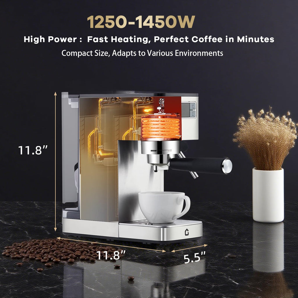 Garvee Compact 20 Bar Espresso Machine Stainless Steel, Steam Milk Frother, Removable Tank for Cappuccino/Latte,(Silver)