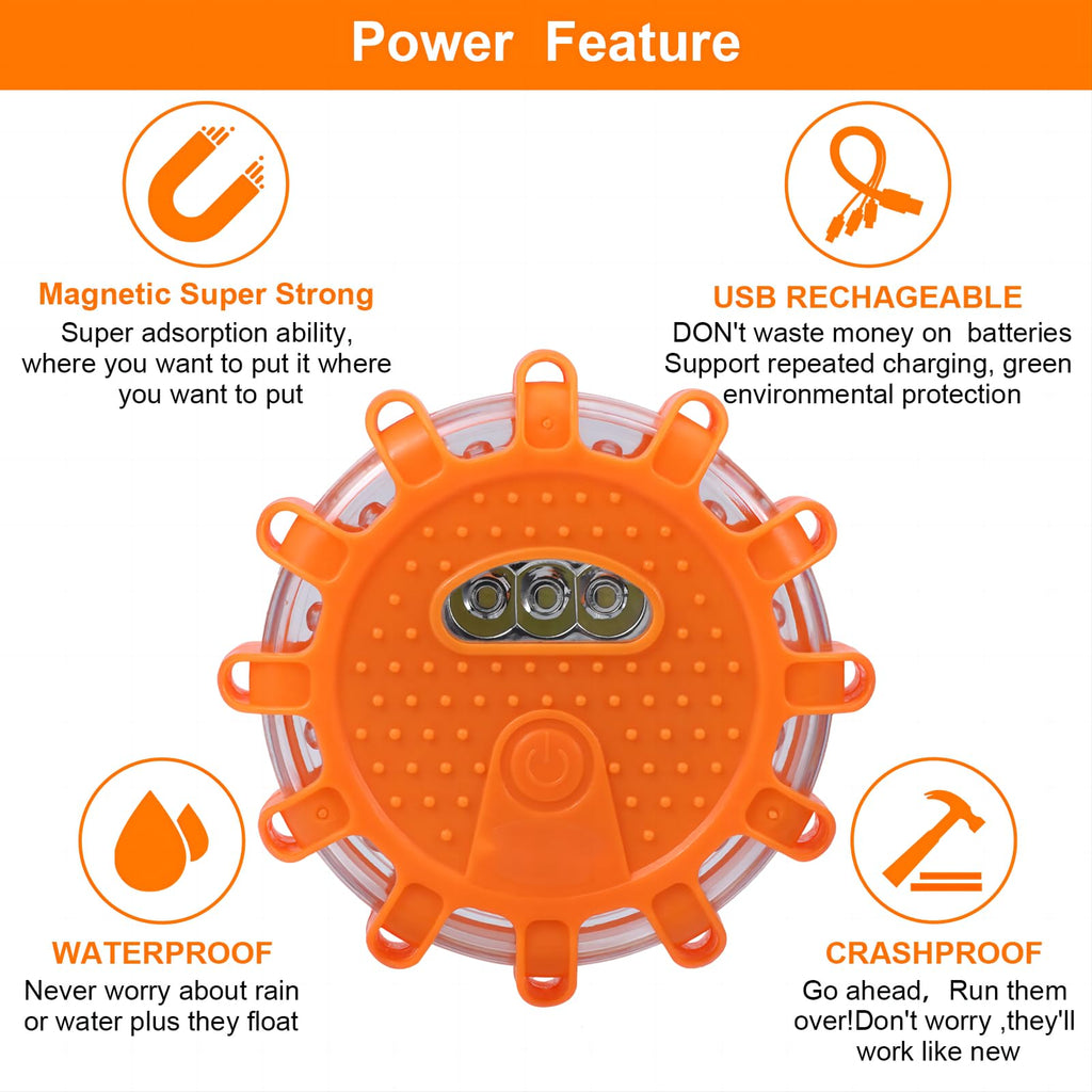 Garvee 6PCS USB Rechargeable LED Road Flares Emergency Lights, 9 Custom Modes, Lnternal Lithium Battery, Magnetic Base, for Vehicles & Boat, IPX5, PC+TPR