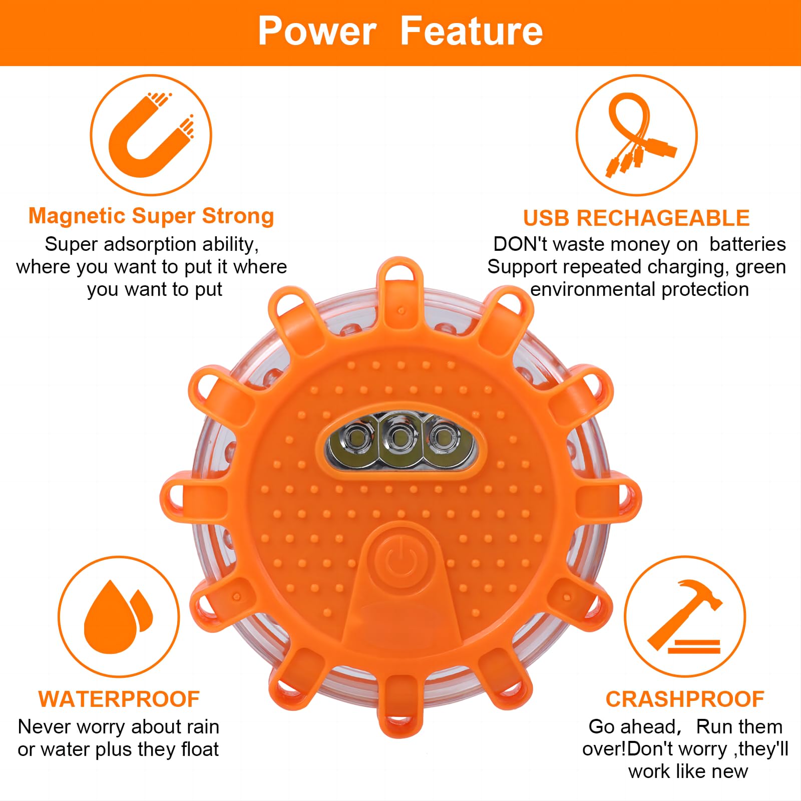 Garvee 6PCS USB Rechargeable LED Road Flares Emergency Lights, 9 Custom Modes, Lnternal Lithium Battery, Magnetic Base, for Vehicles & Boat, IPX5, PC+TPR