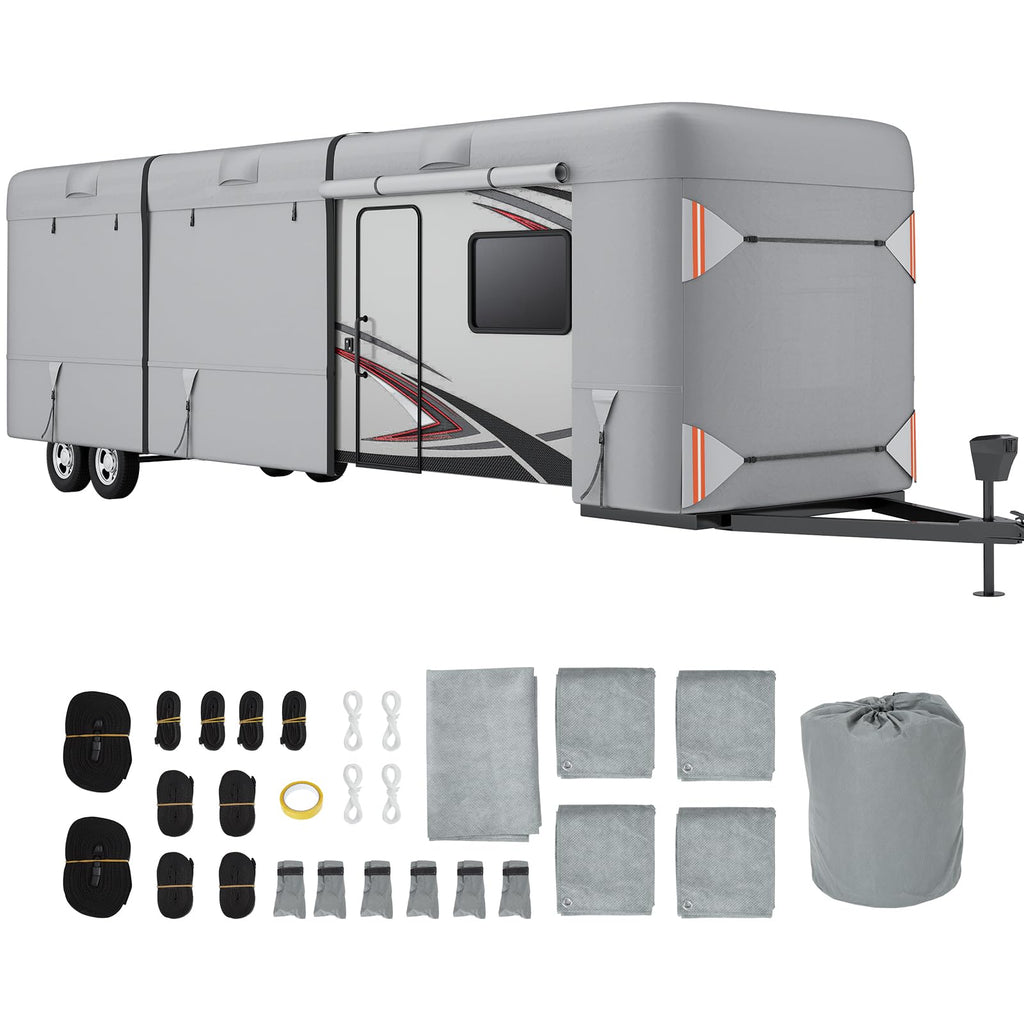 Garvee RV Cover, 22’-24’ Heavy Duty RV Travel Trailer Cover, Windproof Waterproof 4 Layers Non-Woven Fabrics Top Cover with Adhesive Repair Patches, Reflective Strips, Rich Accessories, Grey