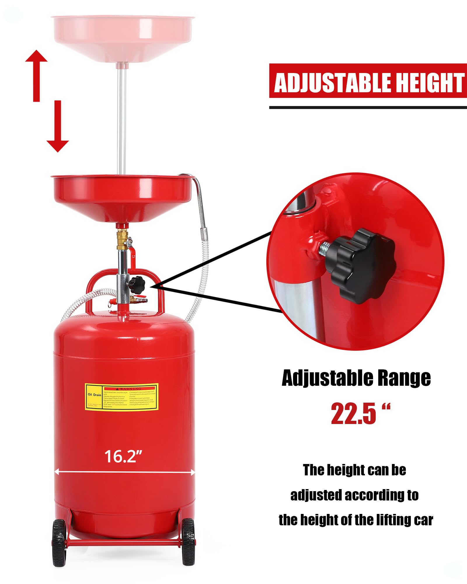 Garvee 18 Gallon Portable Oil Drain Tank, Air Operated & Adjustable Funnel Height with Wheel for Cars Trucks Suvs, Red