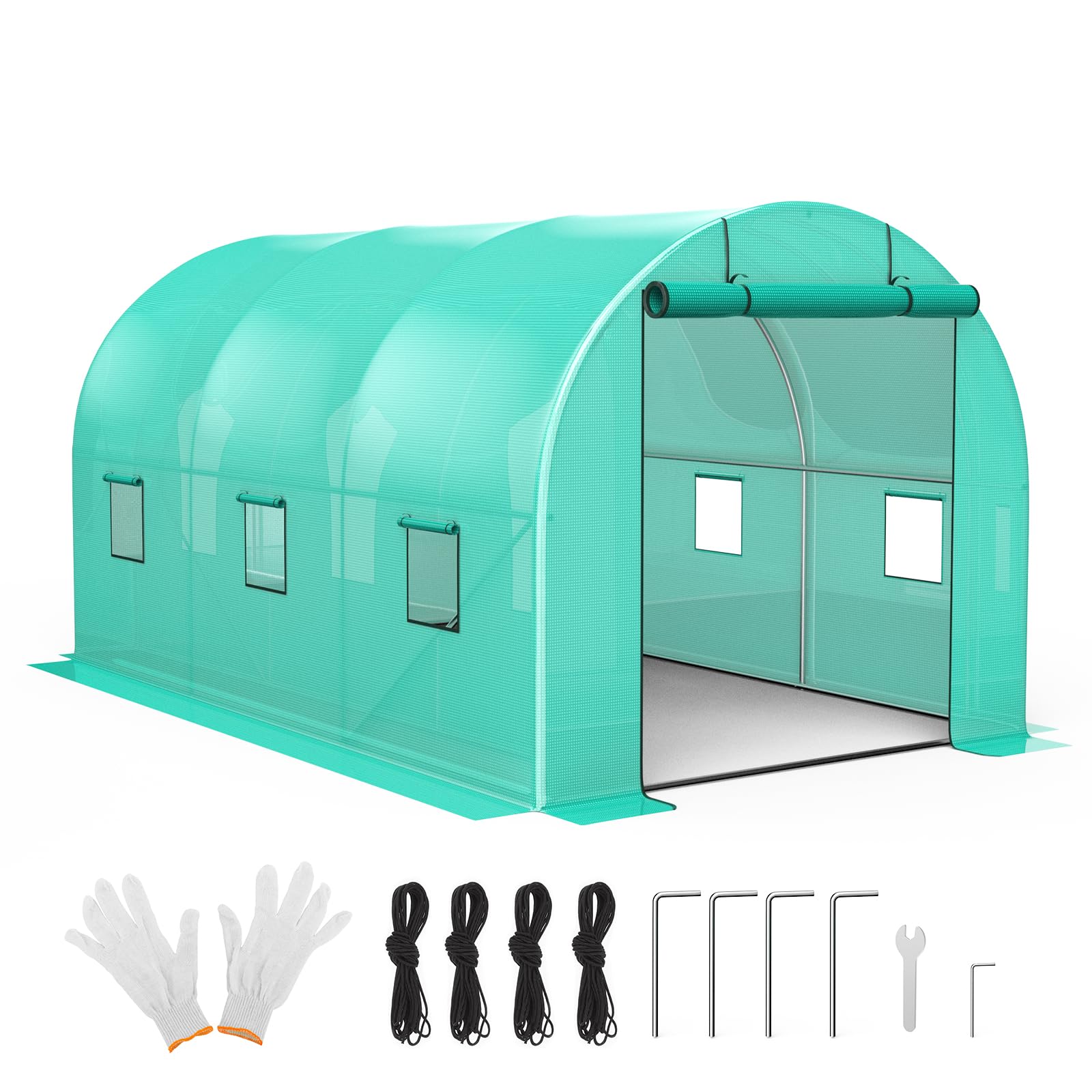 Garvee 13'x8'x7' Walk-In Tunnel Greenhouse Hoop House with Galvanized Steel Frame, 140g/m² Green PE Cover, Roll-Up Zipper Door & 6 Windows