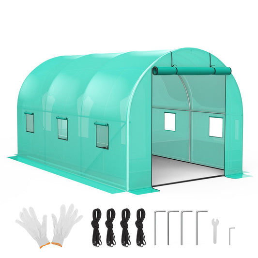 Garvee 13'x8'x7' Walk-In Tunnel Greenhouse Hoop House with Galvanized Steel Frame, 140g/m² Green PE Cover, Roll-Up Zipper Door & 6 Windows