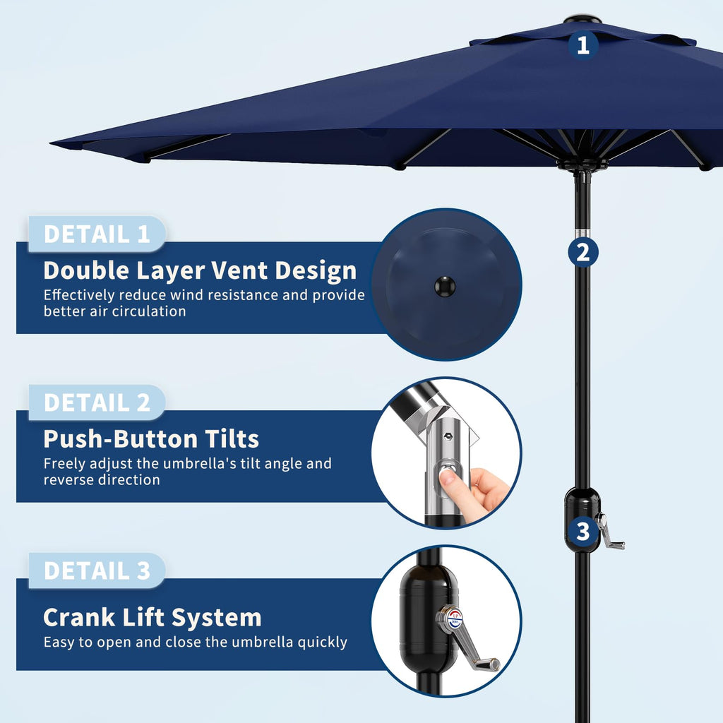Garvee 9 ft Outdoor Patio Umbrella with 8 Sturdy Ribs, Crank Lift, Push-Button Tilt & UV-Resistant Waterproof Canopy for Pool, Deck, Yard & Garden, Navy Blue