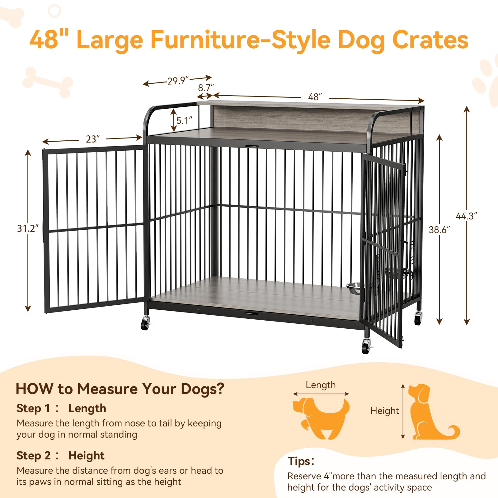 Garvee 48" Dog Kennel Furniture for Large Dogs,Large Dog Crate, Wooden Heavy Duty, Dog Crate Indoor with Adjustable Height Bowls, 48" L X 29.9" W X 44.3" H,Grey