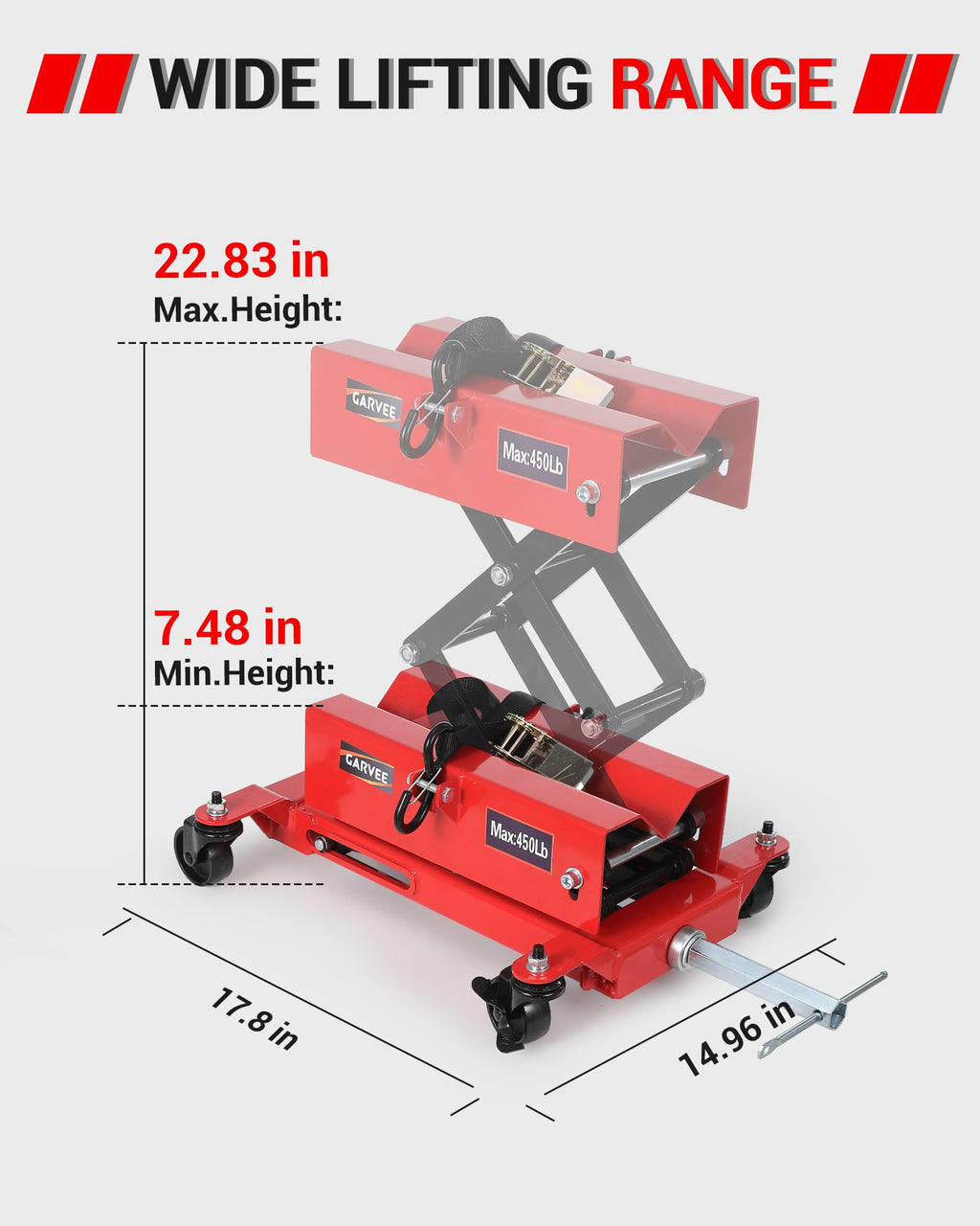 Garvee 450 lbs Low-Profile Transmission Jack, Adjustable Floor Jack with Safety Strap, Heavy-Duty Auto Repair Lifting Jack with 4 Wheels for Garage and Repair Shop, Red