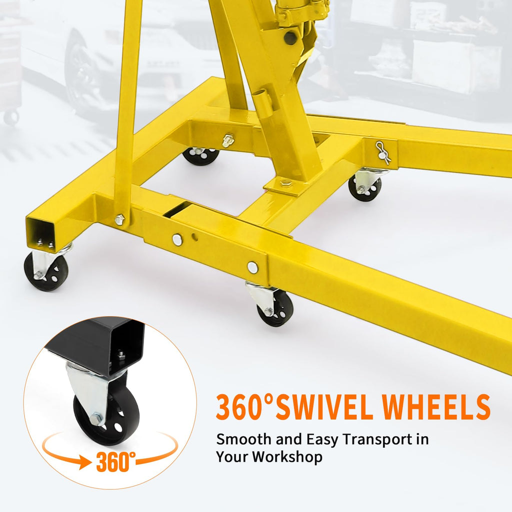Garvee 2-Ton Folding Engine Hoist Hydraulic Shop Crane With Telescoping Boom 6 Caster Wheels, Yellow