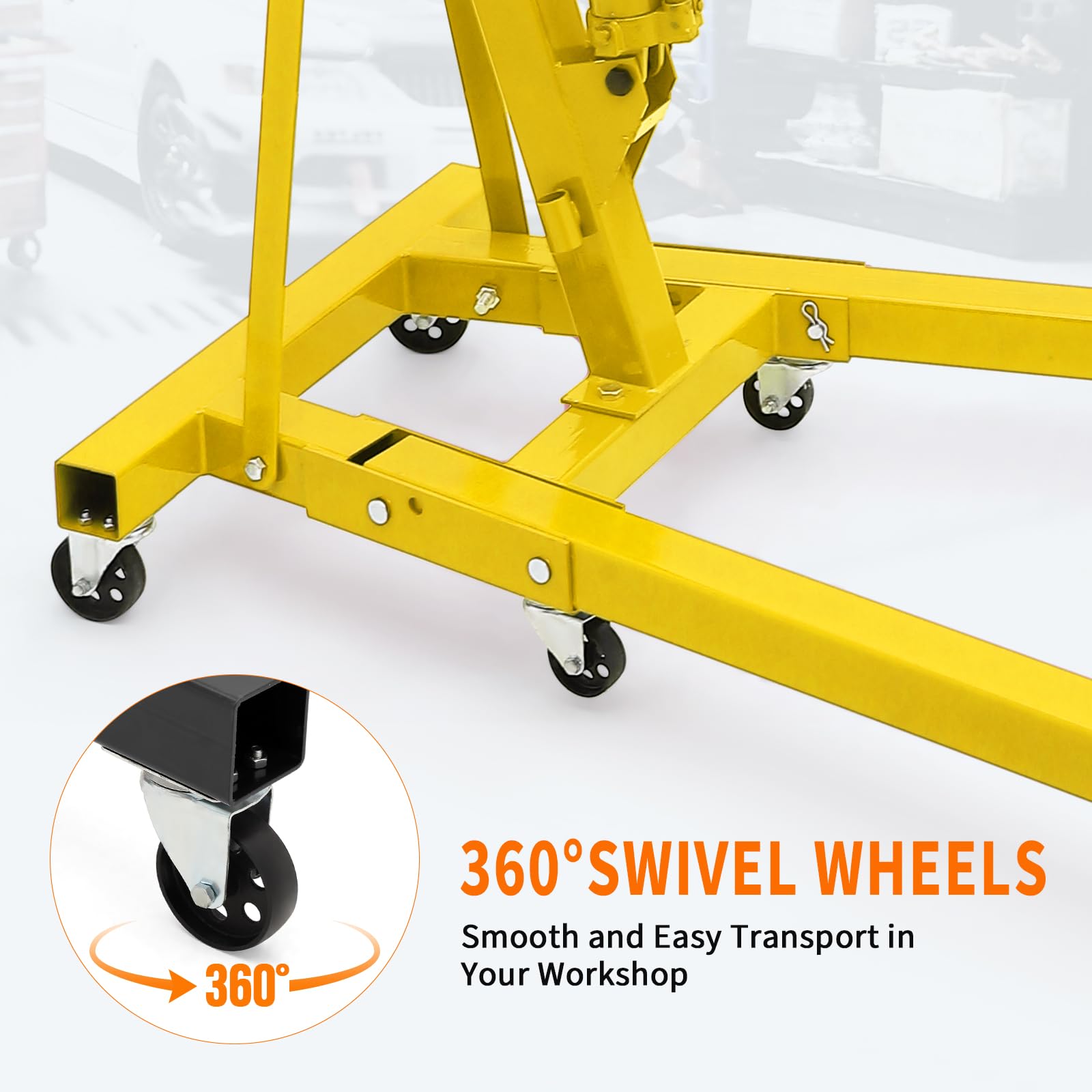 Garvee 2-Ton Folding Engine Hoist Hydraulic Shop Crane With Telescoping Boom 6 Caster Wheels, Yellow