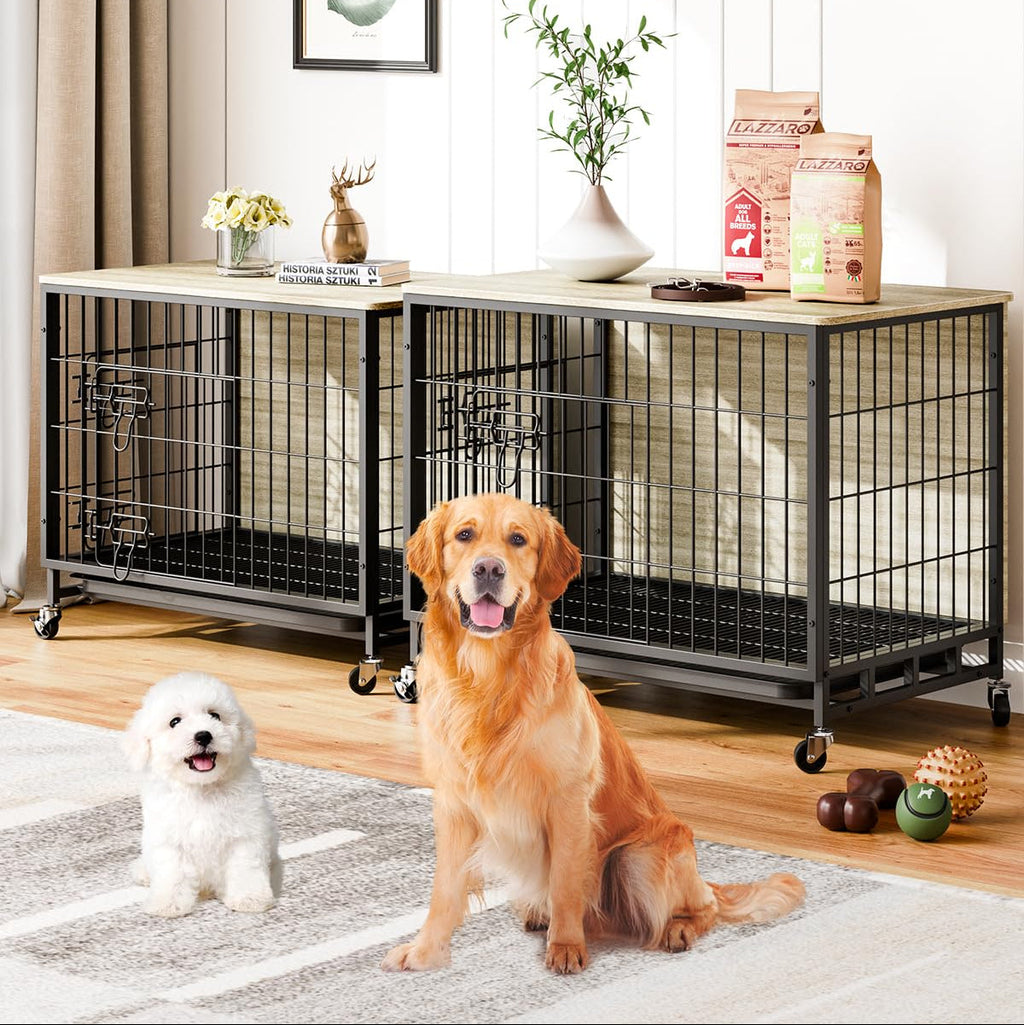 Garvee Dog Crate Furniture, 32.5" Wooden Dog Kennel Furniture Style Dog Crate with Removable Tray and Wheels, Heavy-Duty Double-Doors Dog Cage End Table, Indoor Dog House for Large Dogs, Grey