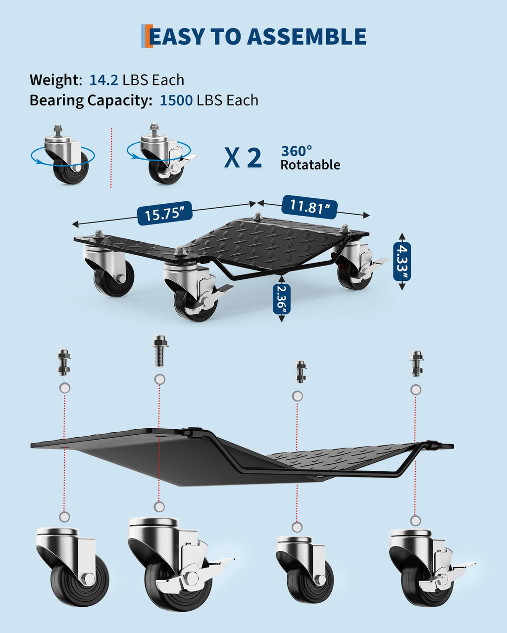 Garvee Car Wheel Dolly Set of 2 Heavy Duty Vehicle Mover with Brakes for Cars, Trucks, Trailers, Motorcycles, Black, 3000LBS Capacity