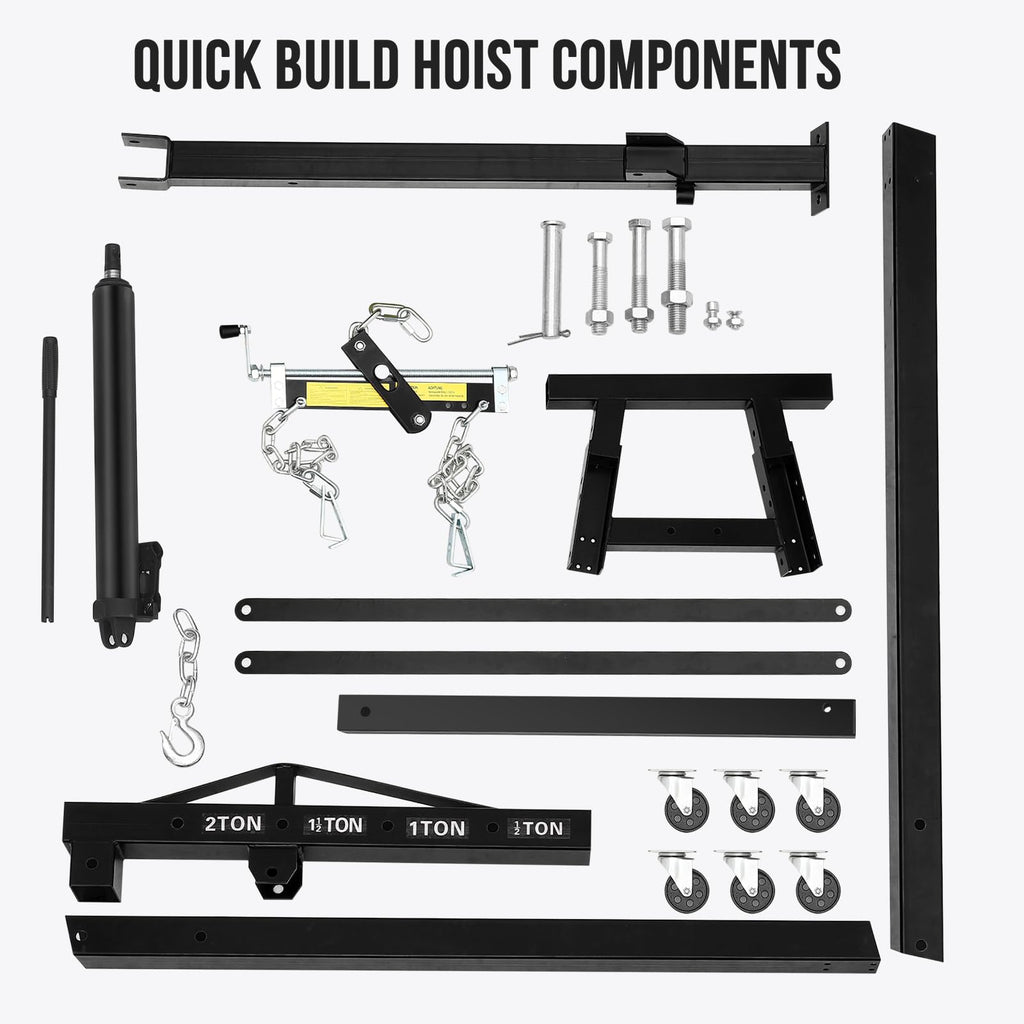 Garvee 2-Ton Folding Hydraulic Engine Hoist - Heavy-Duty Engine Crane with Leveler, Telescopic Boom, and 6 Casters for Garage, Workshop, and Warehouse, Black