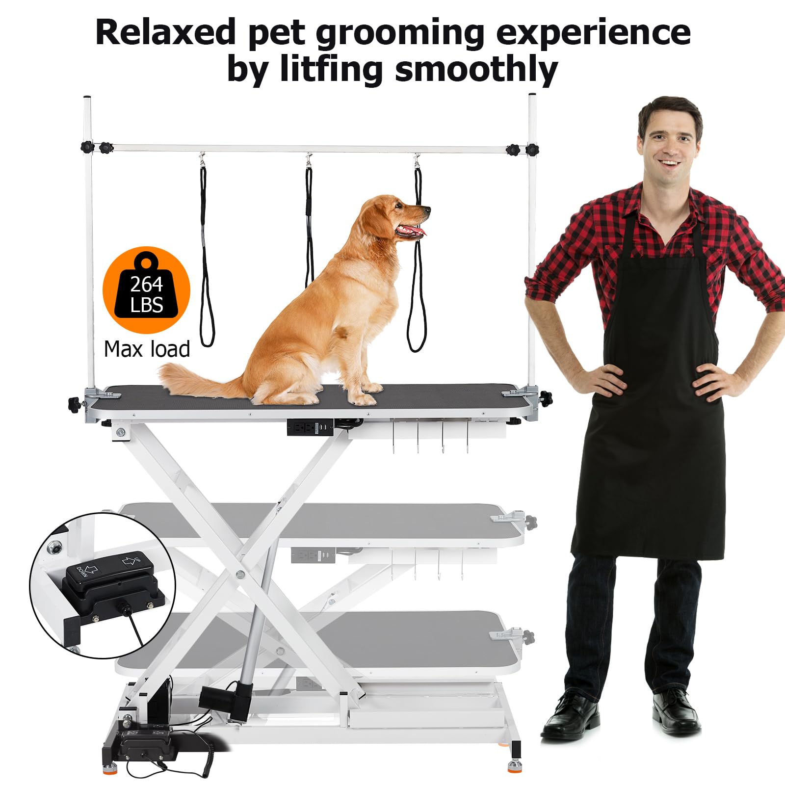 Garvee 47" Electric Dog Grooming Table, Pet Grooming Table for Dogs & Cats, Height Adjustable (9"-40") with Overhead Arm, Anti Slip Tabletop, 3 Grooming Noose, White
