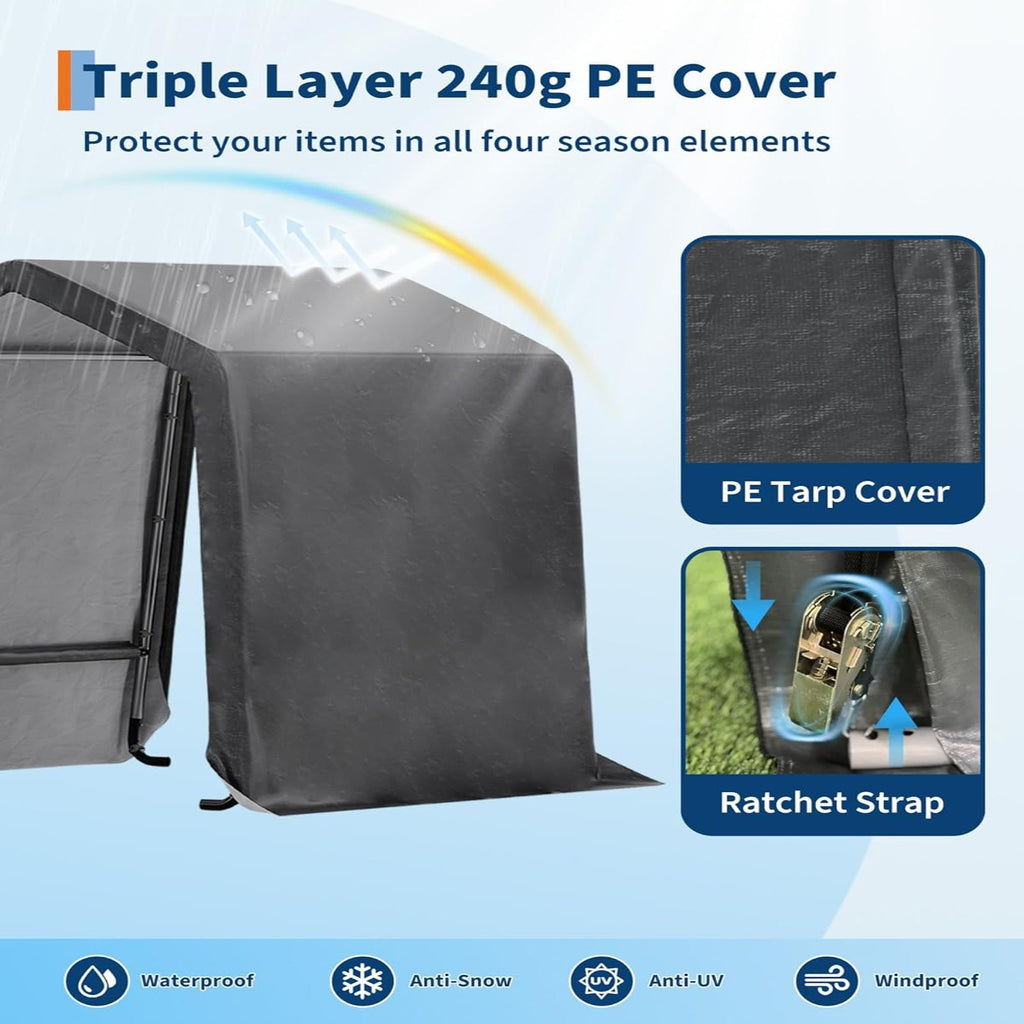 Garvee 6x8FT Outdoor Portable Storage Shed with 2 Roll-Up Doors, Vents, Heavy-Duty 240G Waterproof PE Tarp, UV-Resistant, Galvanized Steel Frame, for Motorcycle & Garden Tools