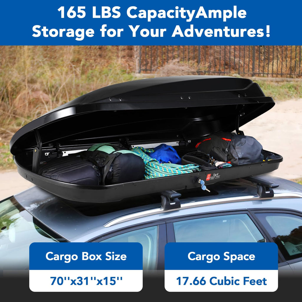 Garvee 70 Inch Rooftop Cargo Box Carrier, Hard Shell Roof Rack, 17.6 Cubic Ft, Black, Dual Side Opening