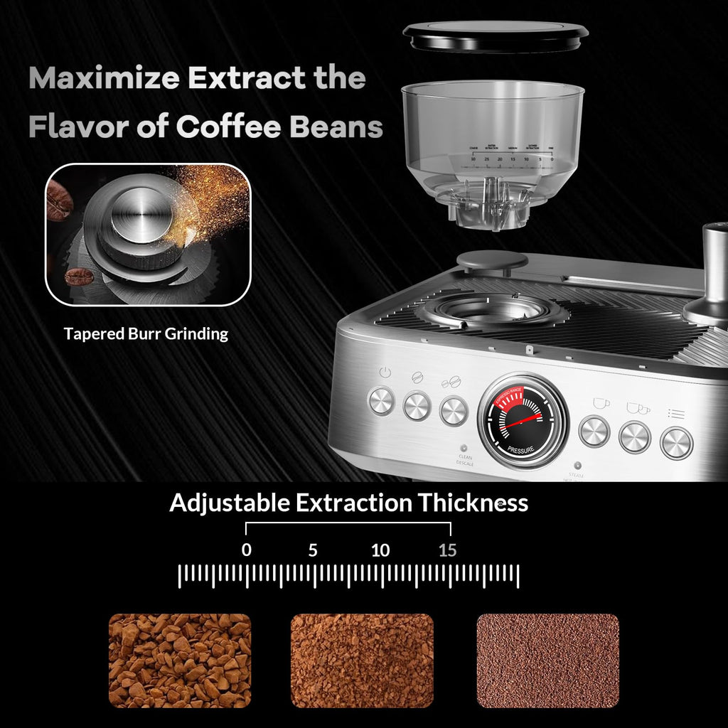 Garvee 20 Bar Espresso Machine - 1500W Motor, Built - In 30 - Setting Grinder, Milk Frothing, PID, 2.8L Tank