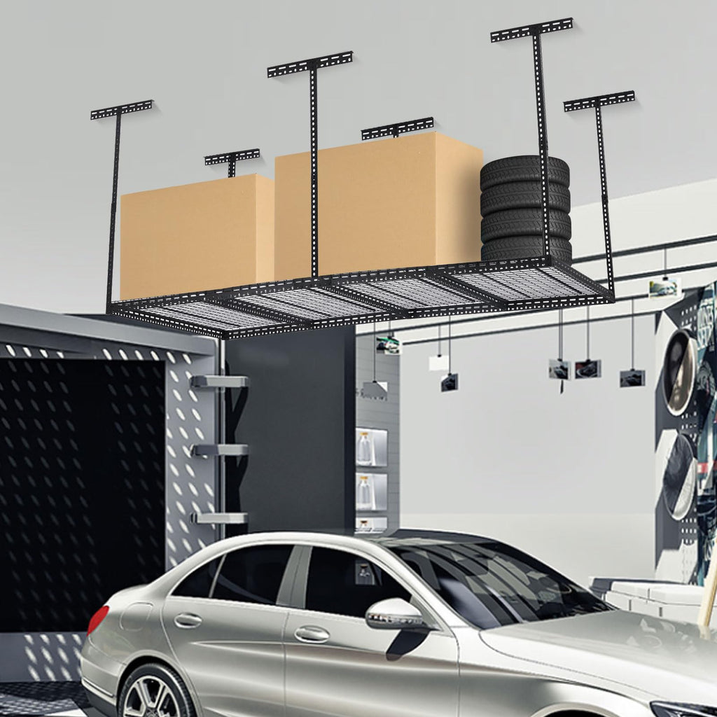 Garvee 4x8 FT Overhead Garage Storage Rack, 22"-40" Height Adjustable Ceiling Storage Rack 660lbs Weight Capacity, Heavy Duty Metal Hanging Storage Shelves for Garage (Black, Vertical Post x 6)
