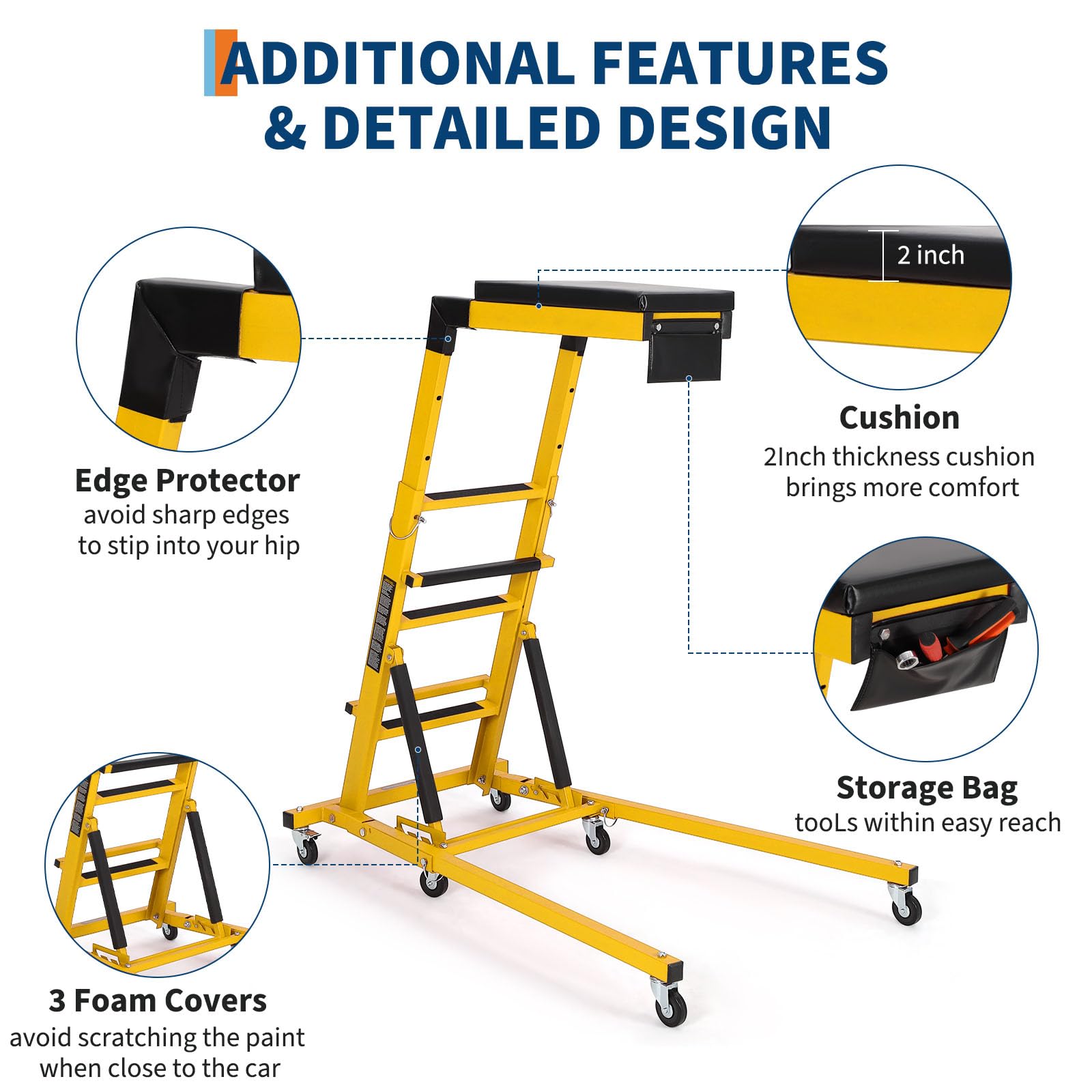 Garvee Topside Automotive Engine Creeper - Adjustable Height (48"-66"), 400 lbs Capacity, Foldable Design with 6 Swivel Caster Wheels, Thicker Cushion, and Tool Pouch, Yellow