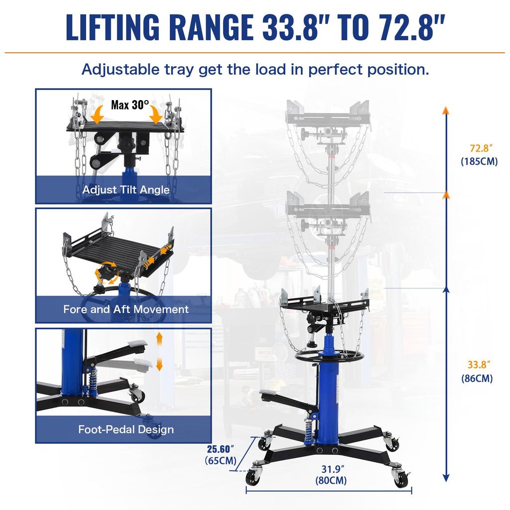 Garvee 1322lbs Transmission Jack Lift, 2-Stage Telescoping Hydraulic Transmission Jack with Anti-Slip Rubber Pad & Pedal, Dual-Column High Lift Hoist, 33.8"–72.8" Adjustable Height, Heavy Duty Garage Tool