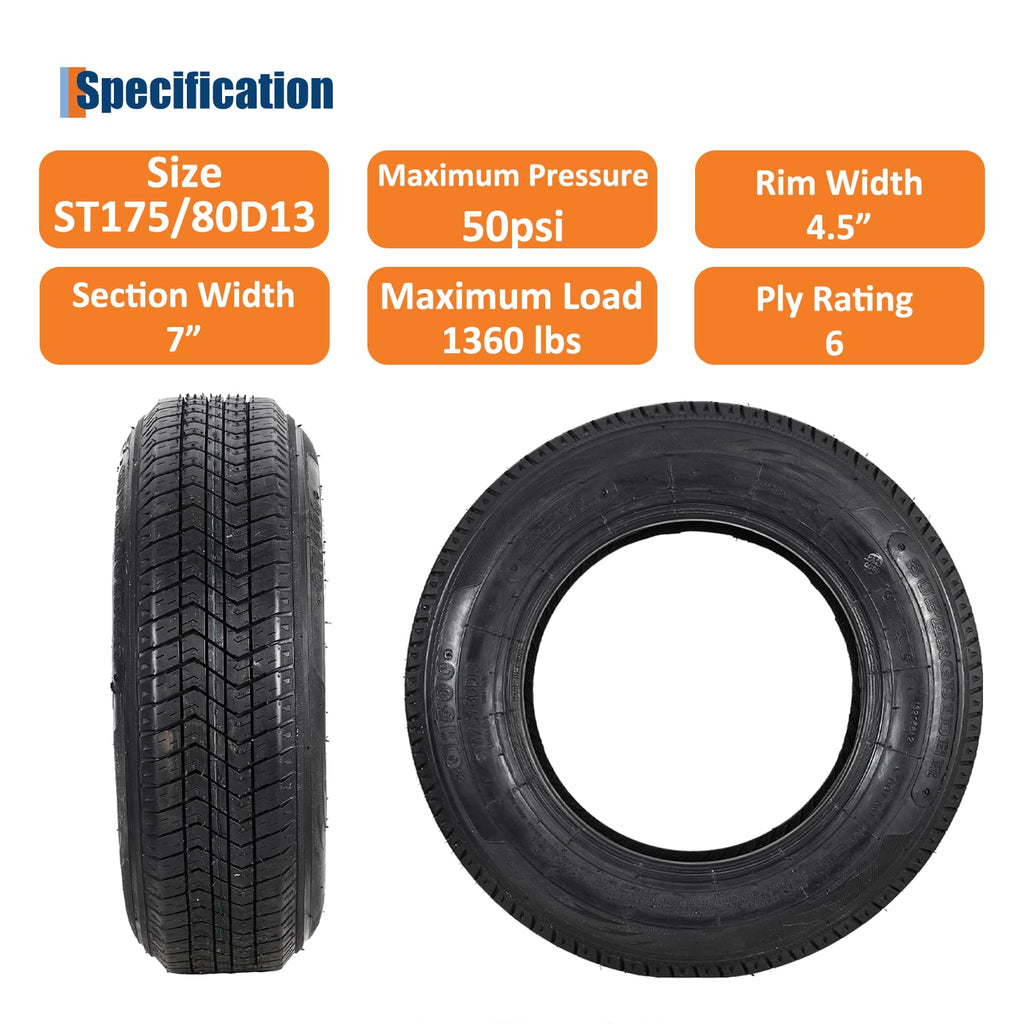 Garvee ST175/80D13 Trailer Tires Load Range C 6 Ply Set of 2 24 Inch Diameter Black