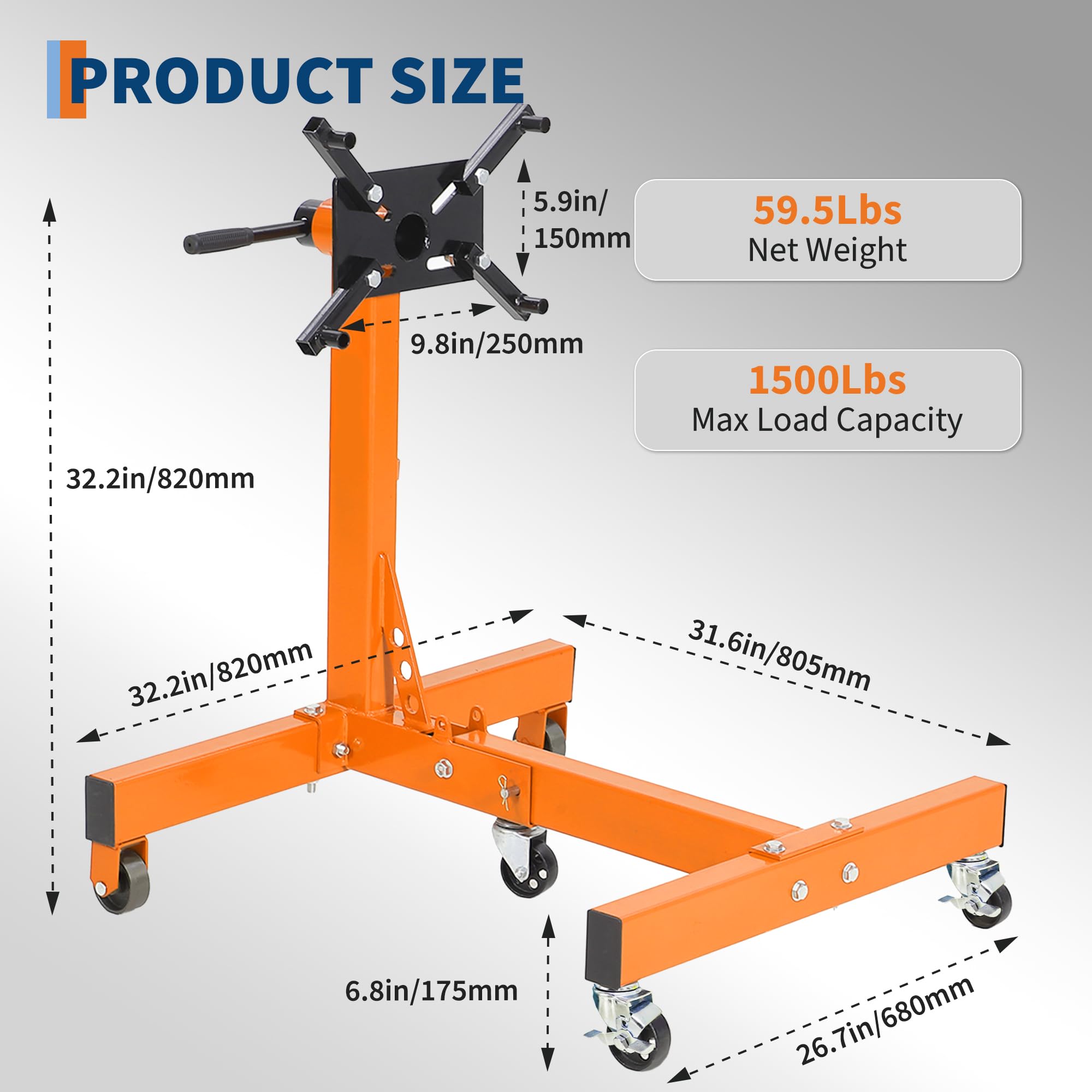 Garvee Engine Stand 1500 LBS Rotating Motor Stand with 360° Rotating Head, 4 Adjustable Arms & 5 Casters for Vehicle Maintenance, Durable Steel, Black