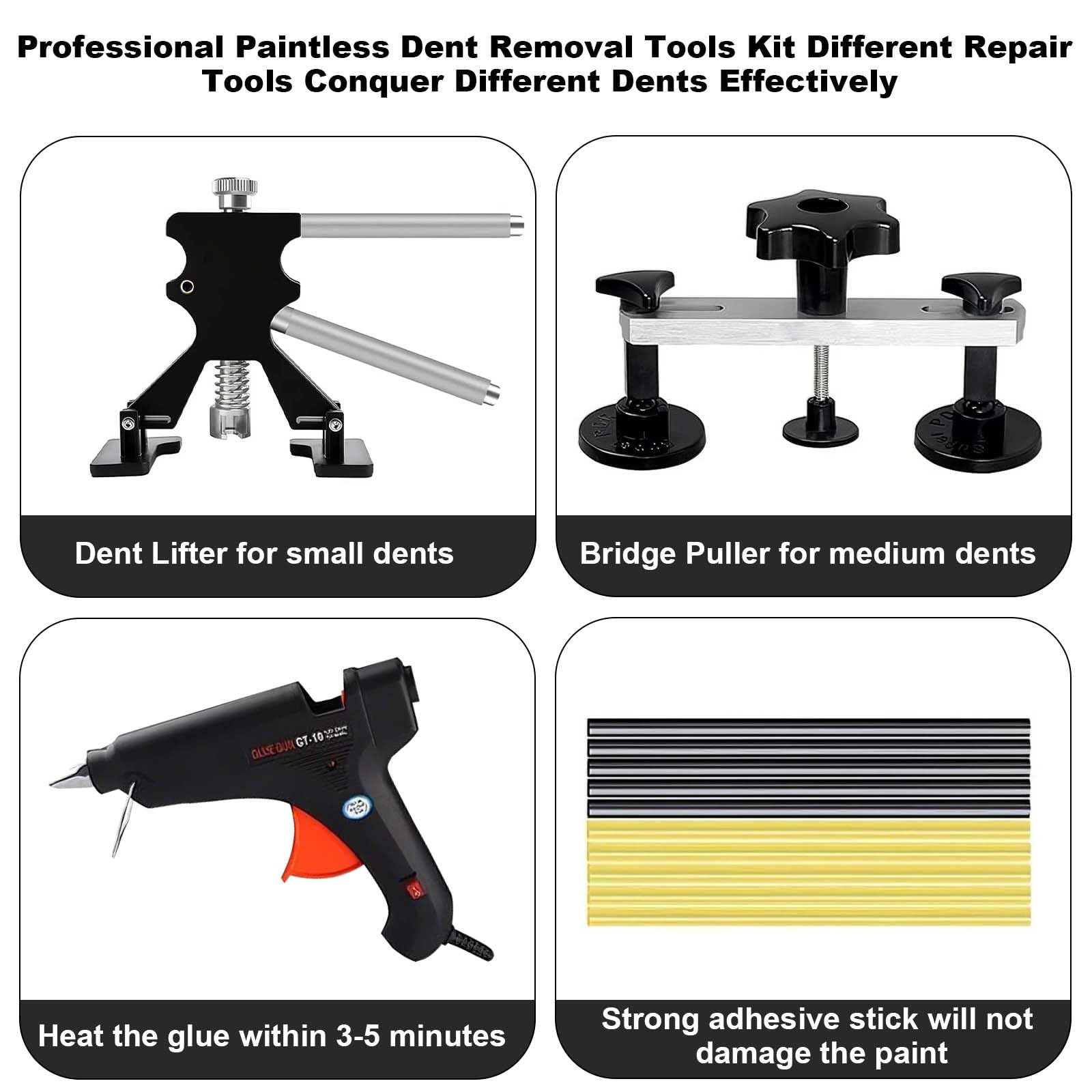 Garvee Paintless Dent Repair Kit - Stainless Steel Dent Puller & Rubber Hammer for Auto Body DIY Car Repair, Multi-Size, Black