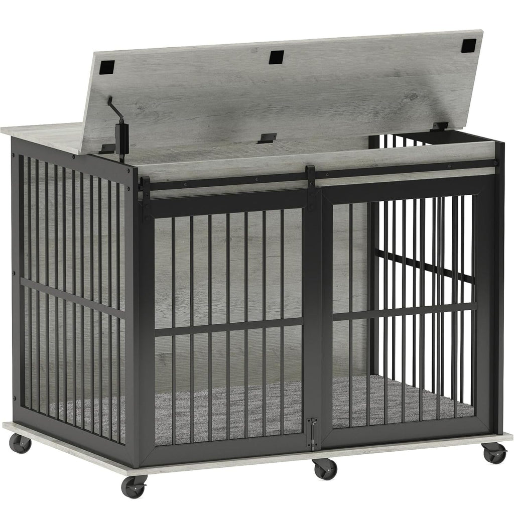 Garvee Furniture Style Dog Crates with Sliding Iron Door, Modern Decorative Pet House, Indoor Puppy Kennel for Medium Dogs, Grey