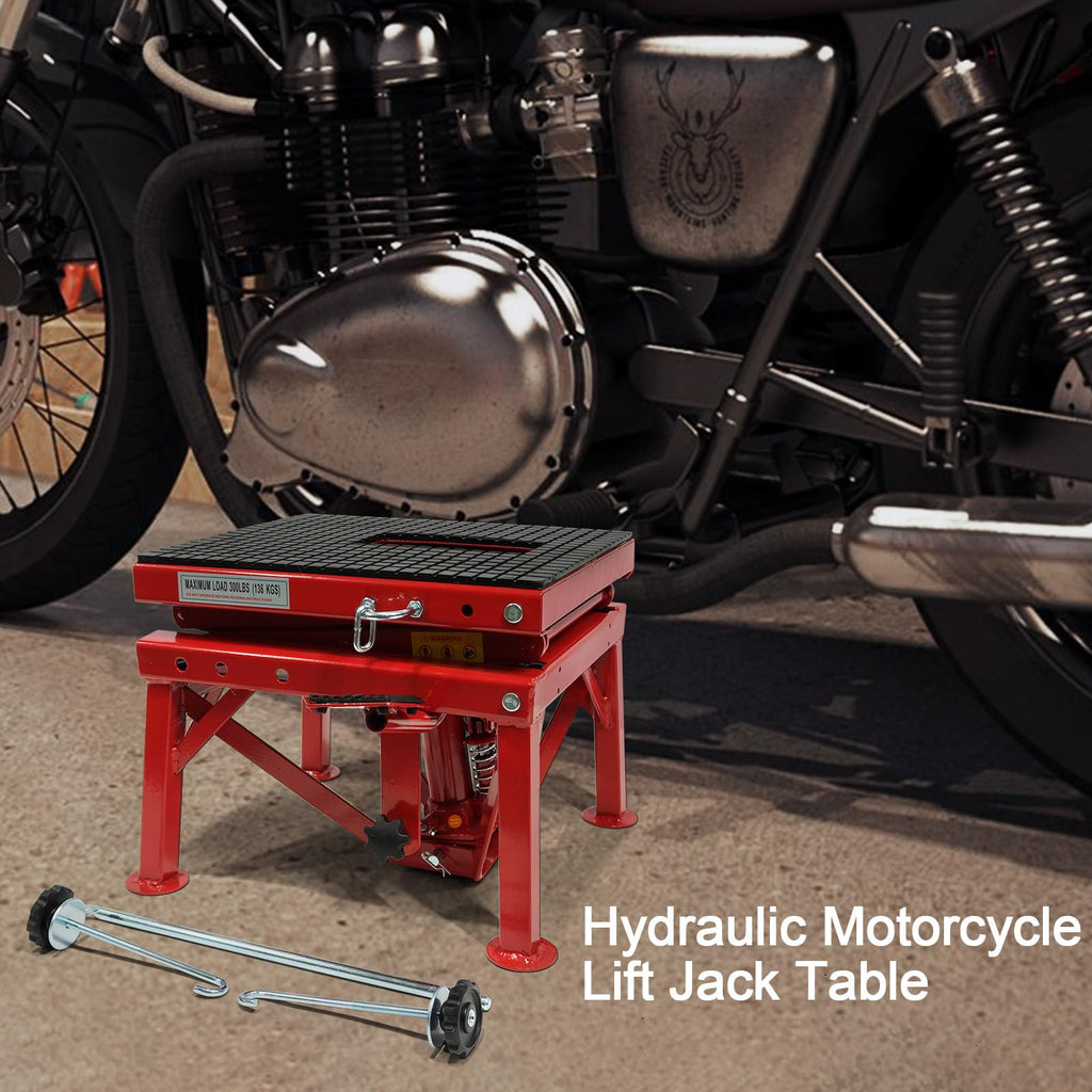 Garvee Hydraulic Motorcycle Lift Table, 300 LBS Capacity Motorcycle Scissor Jack Lift with Wide Deck, J-hooks, Hydraulic Foot-Operated Jack Stand for Motorcycles - Without Wheels