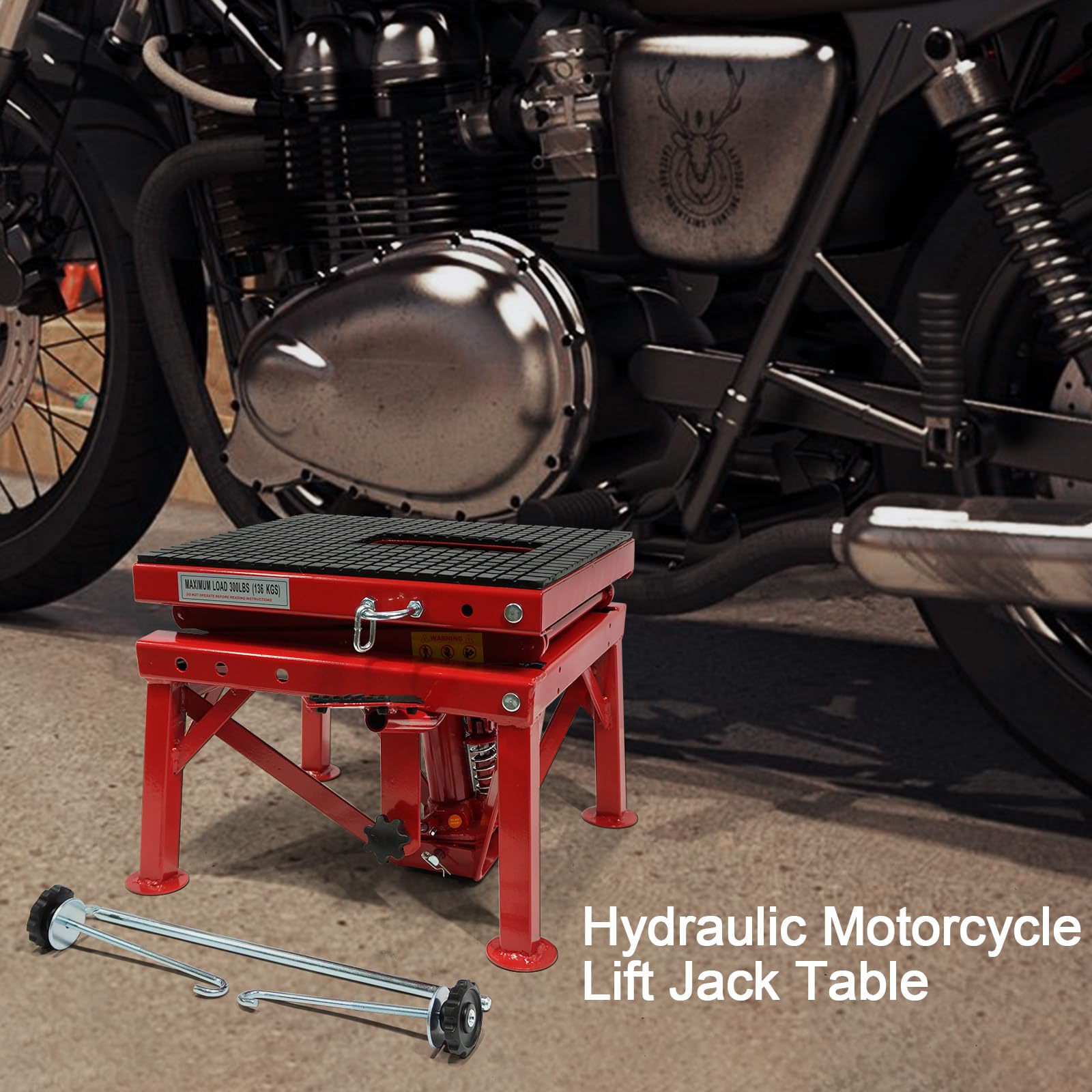 Garvee Hydraulic Motorcycle Lift Table, 300 LBS Capacity Motorcycle Scissor Jack Lift with Wide Deck, J-hooks, Hydraulic Foot-Operated Jack Stand for Motorcycles - Without Wheels