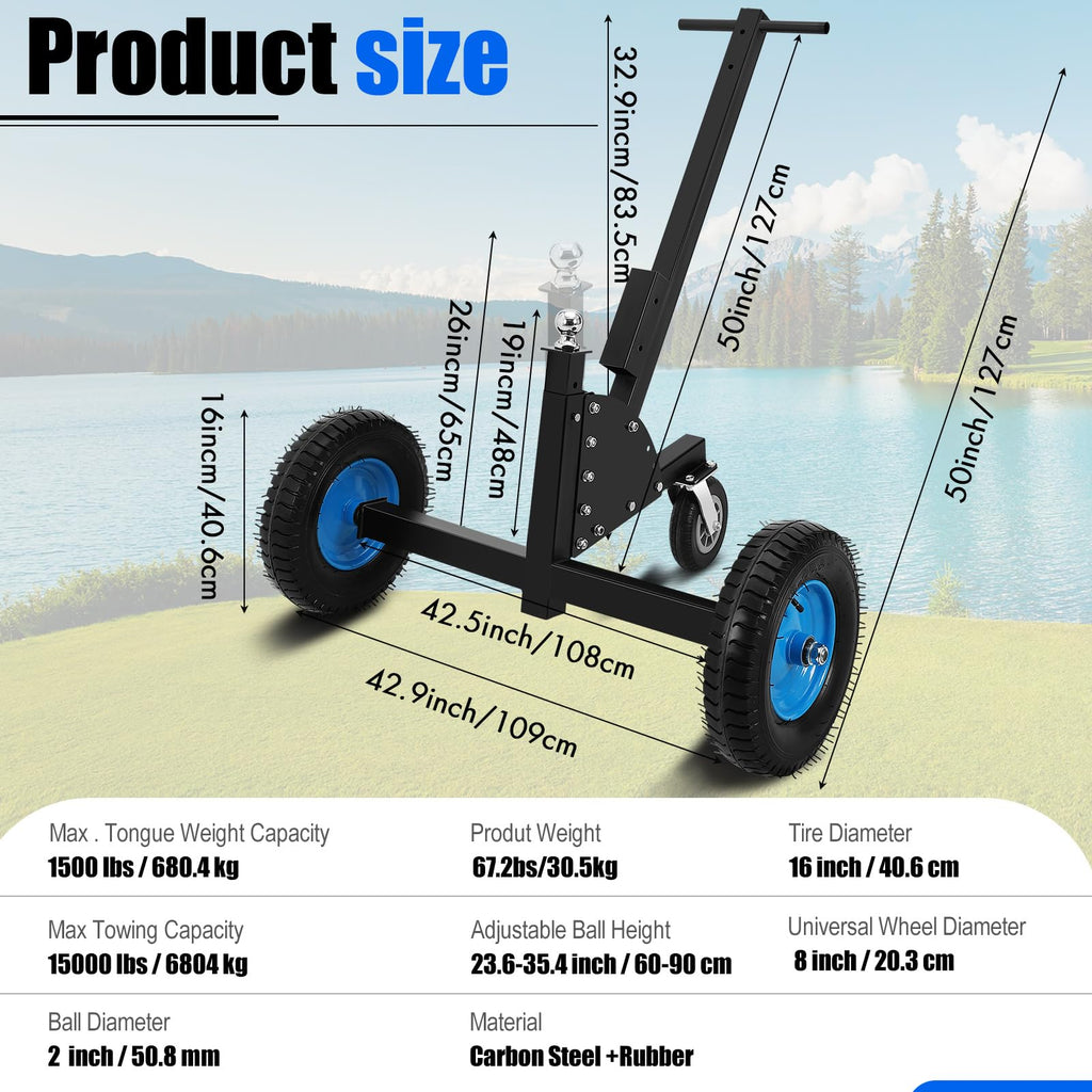 Garvee Adjustable Trailer Dolly 1500 lbs Load Capacity, Utility Trailer Mover Dolly with Adjustable Height & 2 Inch Ball,Pneumatic Tires & 3 Universal Wheel, Carbon Steel Trailer, Multiple-uses