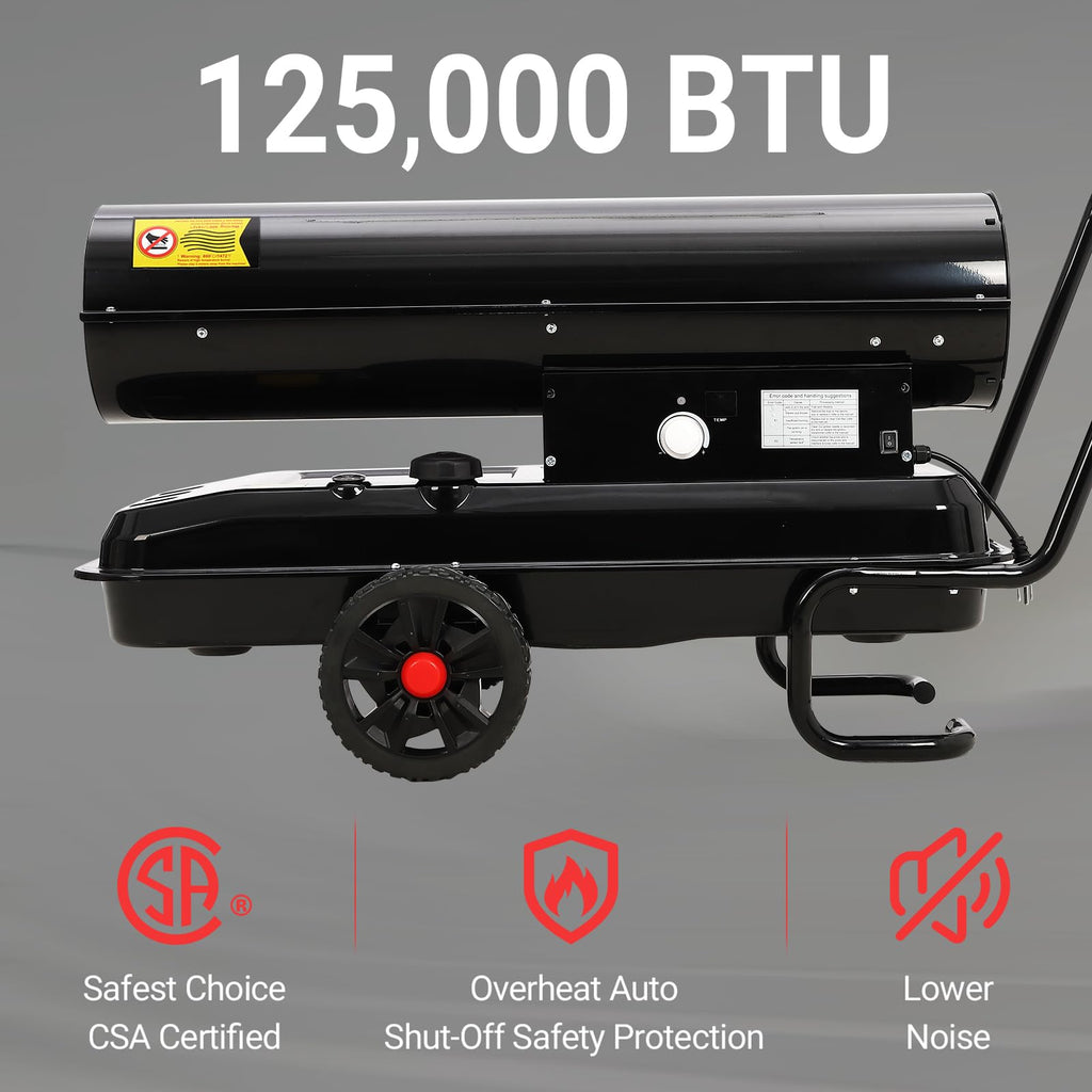 Garvee 125,000 BTU Forced Air Kerosene Diesel Heater, Portable with Thermostat, for Indoor, Outdoor, Garage, Workshop, Job Site, Farm, Construction, Black