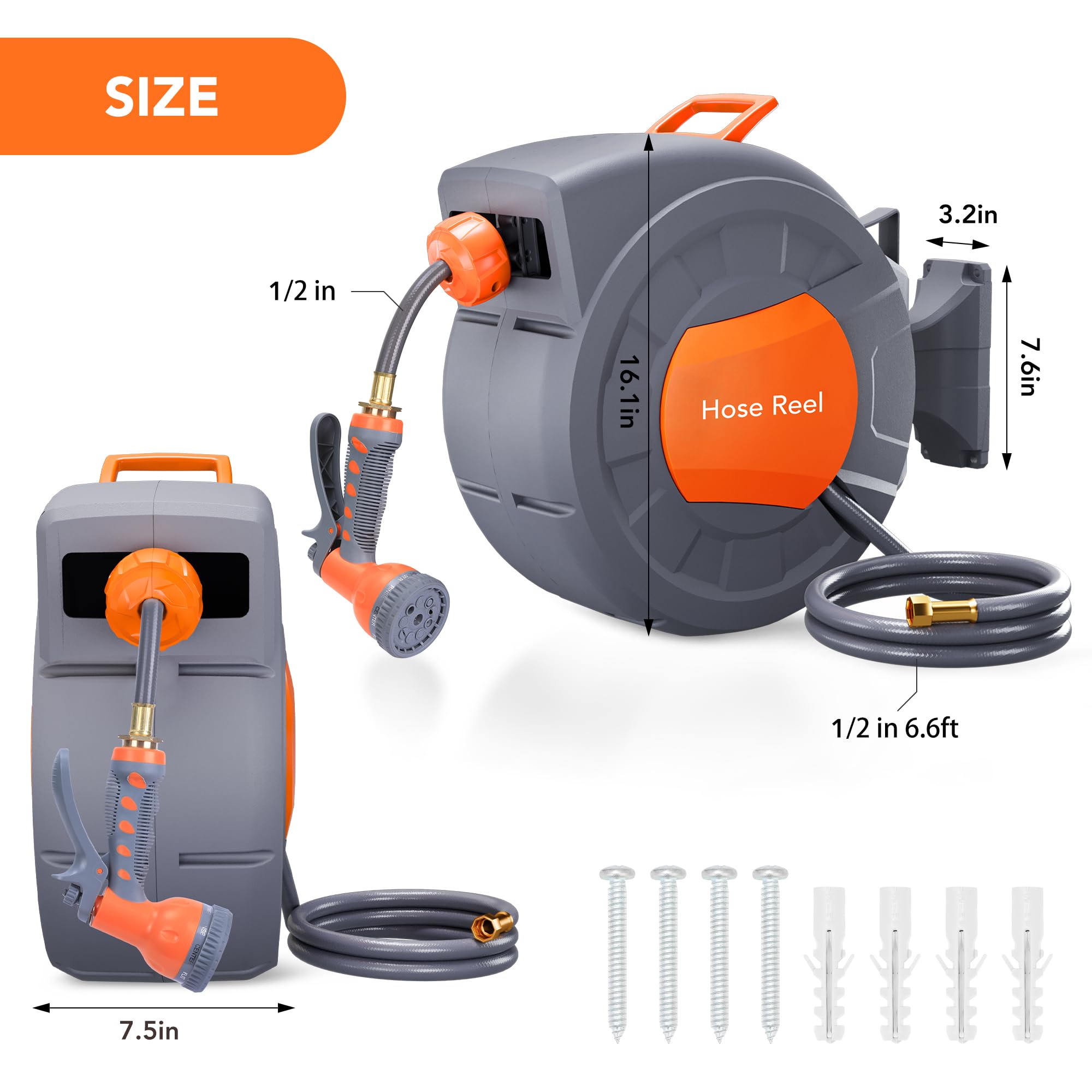 Garvee 1/2 in × 72 ft Retractable Garden Hose Reel, Wall Mount Auto Rewind with 9-Pattern Nozzle