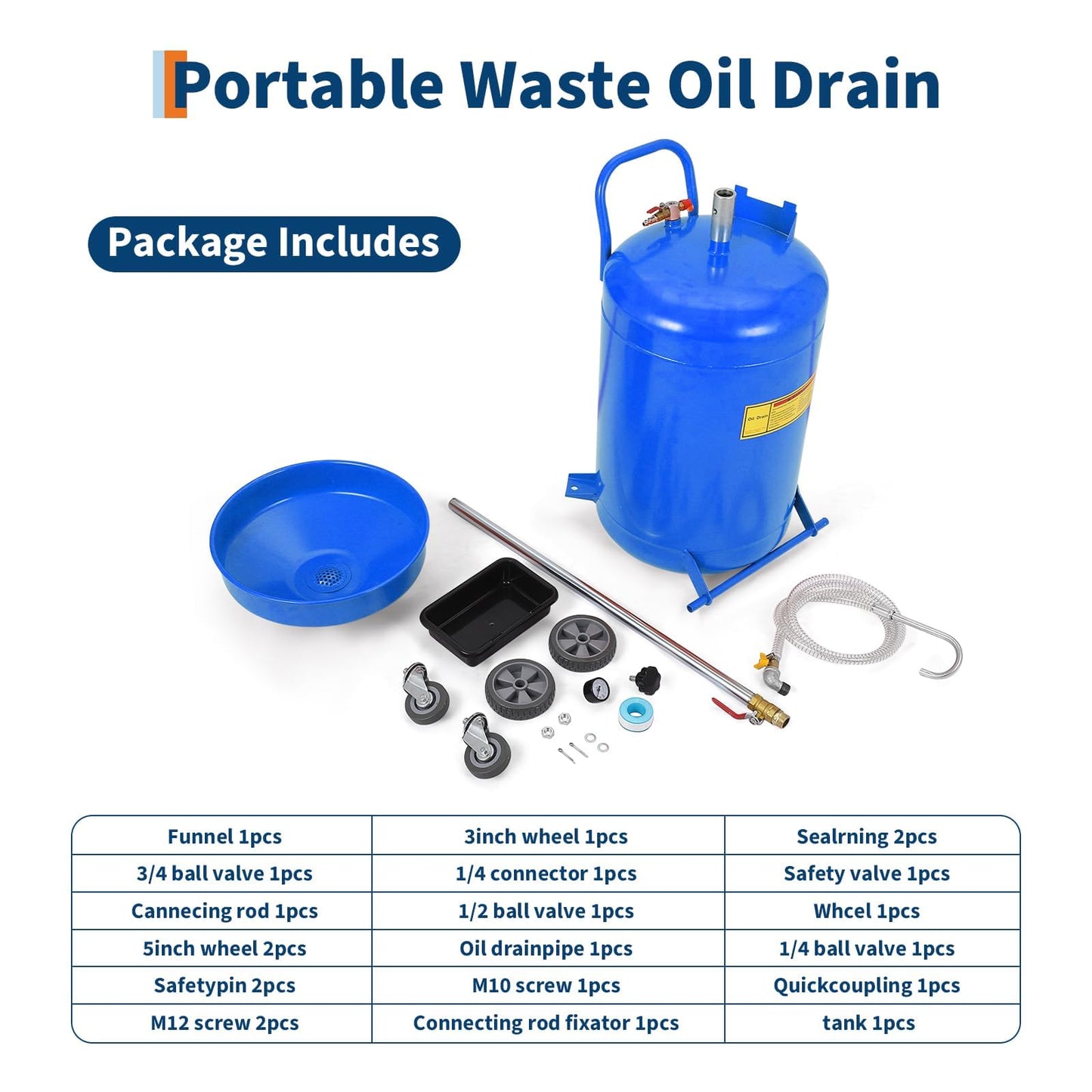 Garvee 20 Gallon Oil Drain Container Tank with 15 in Funnel, Adjustable Height 28"-62", Heavy-Duty Rust-Proof 360° Swivel Wheels, Built-in Toolbox for Garage & Auto Shop, Blue