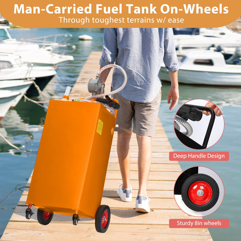 Garvee 35-Gallon Fuel Caddy Heavy-Duty Stainless Steel Fuel Tank with Manual Transfer Pump 4-Wheel Mobile Design for Gasoline and Diesel for Cars Trucks Boats Lawn Mowers, Yellow