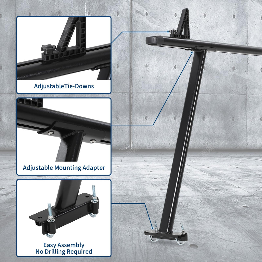 Garvee 35"-71" Adjustable Aluminum Truck Ladder Rack, Weatherproof, No-Drill J-Bolts Two-Bar, Heavy-Duty Pickup Bed Rack for Ford, Chevy, Toyota, RAM, Black