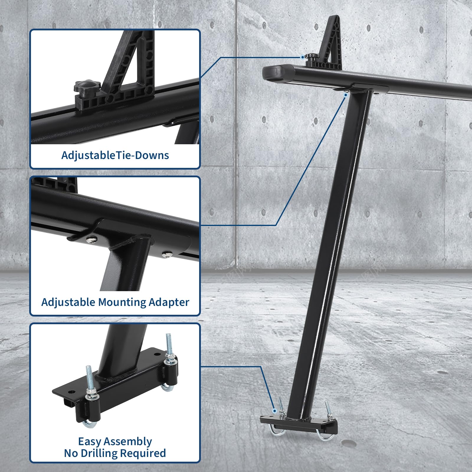 Garvee 35"-71" Adjustable Aluminum Truck Ladder Rack, Weatherproof, No-Drill J-Bolts Two-Bar, Heavy-Duty Pickup Bed Rack for Ford, Chevy, Toyota, RAM, Black