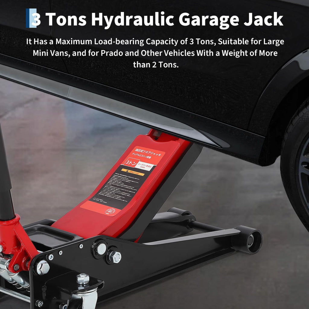 Garvee 3-Ton Low Profile Floor Jack - Heavy-Duty Hydraulic Jack with 5.31" to 18.11" Lift Range for Cars and Workshops, Black+Red