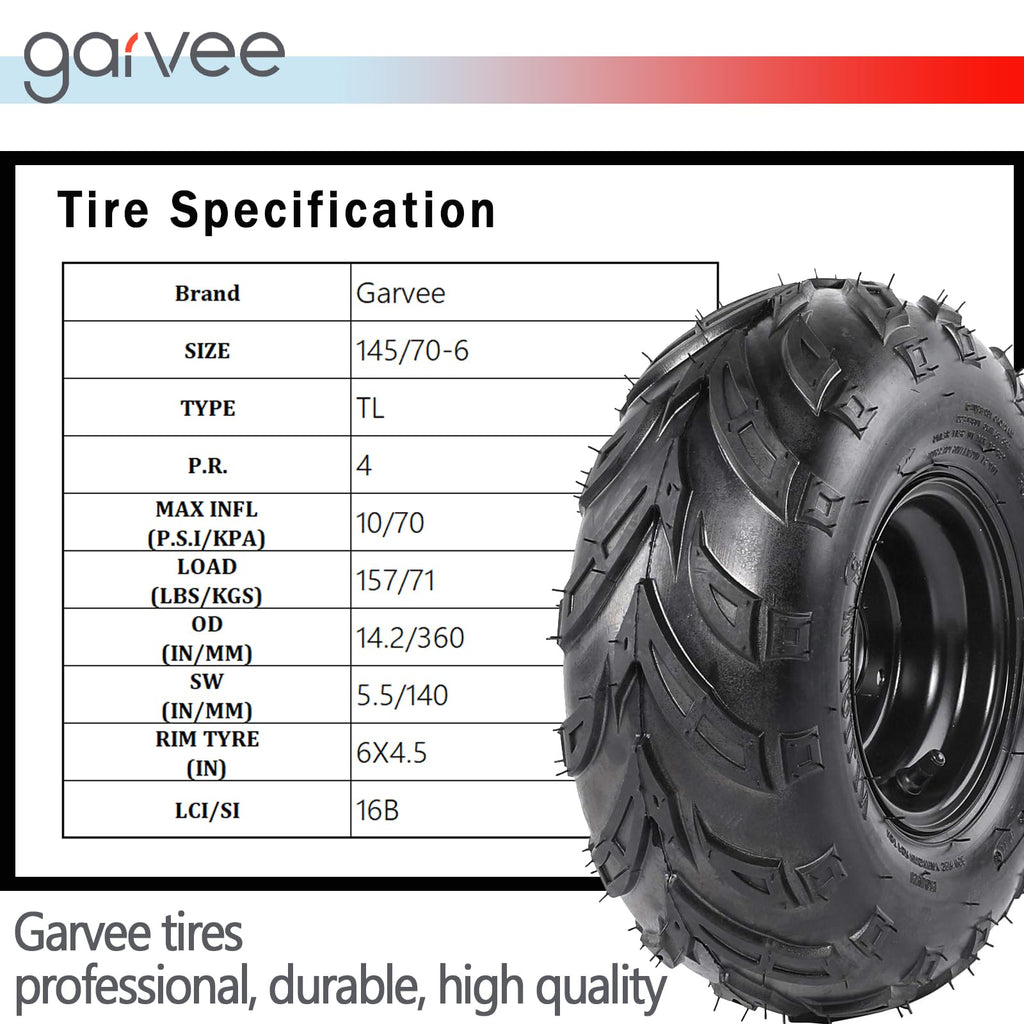 Garvee 145 70-6 ATV Tires 145/70-6 Mini Bike Tires 145 70 6 ATV & Go Kart Street Mini Bike Tires, 4Ply Tubeless Off-road Tires, Set of 2
