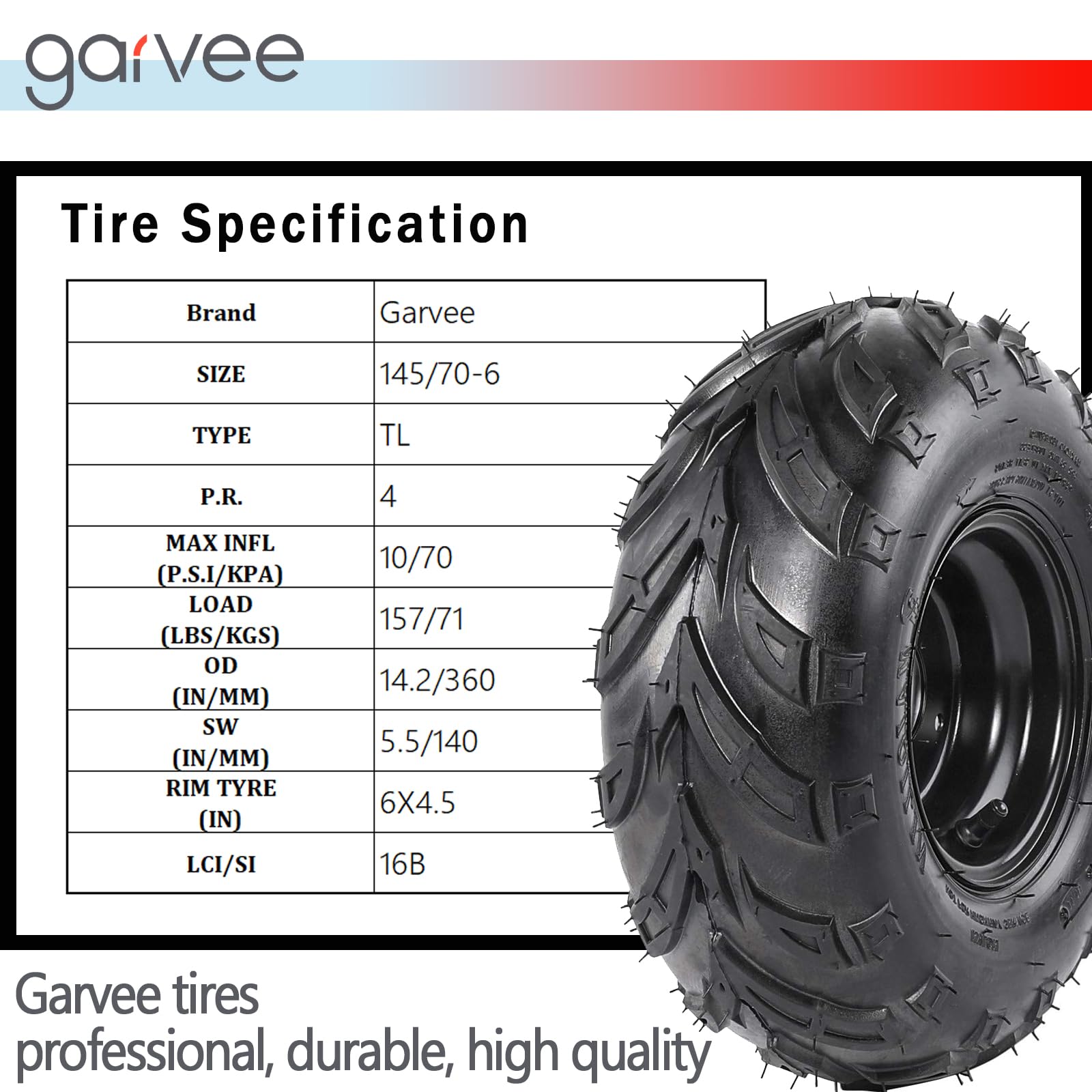 Garvee 145 70-6 ATV Tires 145/70-6 Mini Bike Tires 145 70 6 ATV & Go Kart Street Mini Bike Tires, 4Ply Tubeless Off-road Tires, Set of 2