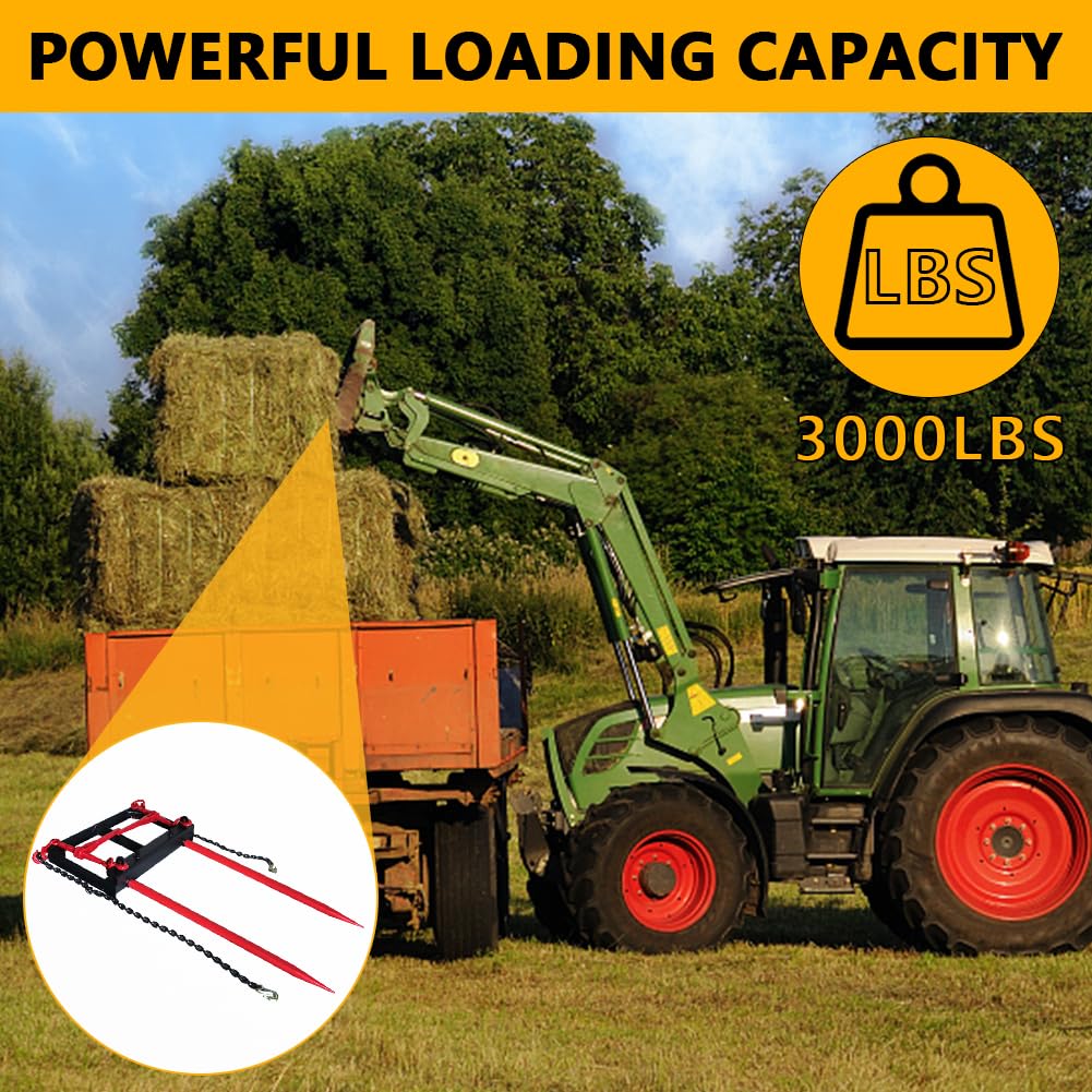 Garvee Dual Prong 43" Hay Bale Spear Attachment, 3000 LB Capacity, Front Skid Steer Tractor Loader Bucket Attachment Conus 2 Tines, Chains and Ratchet Binders Included